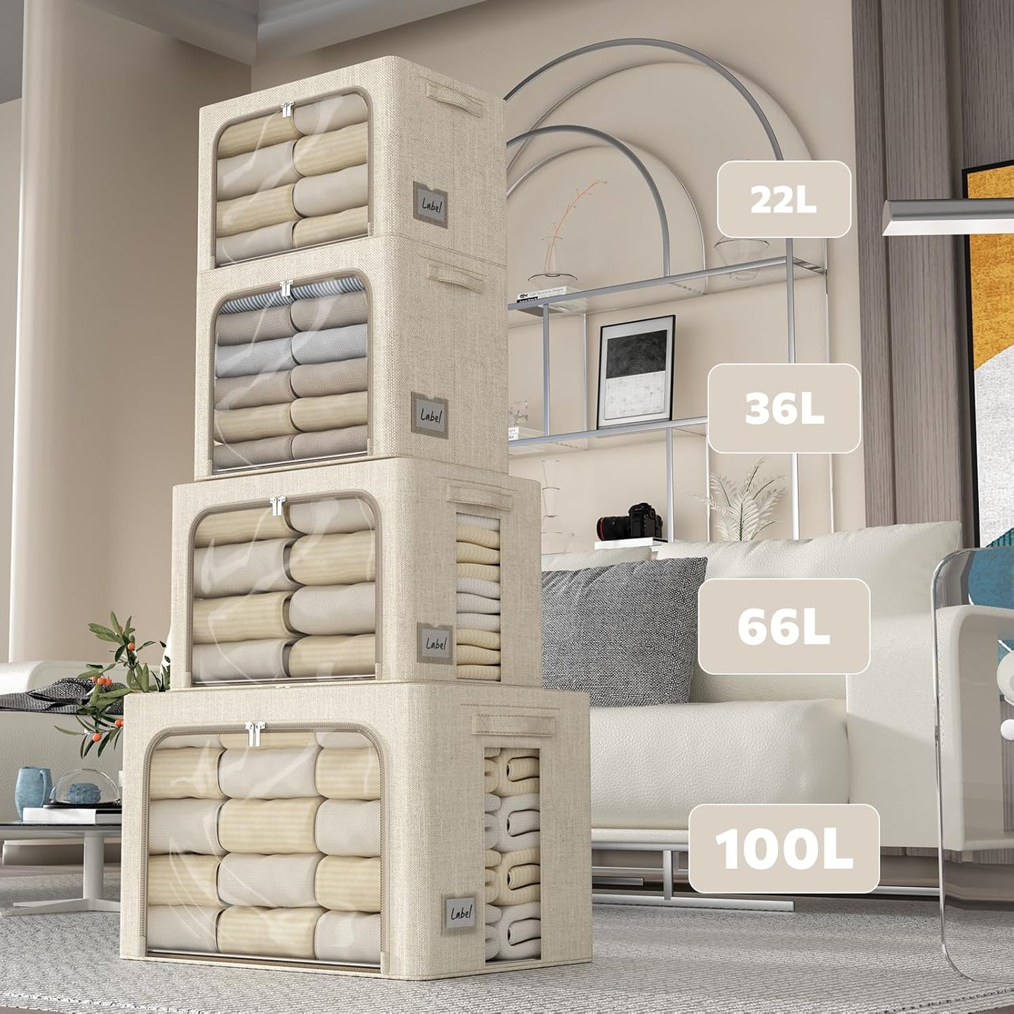 FHSQX 6 Pack Clothes Storage Bins with Metal Frame Foldable Storage Bins for Clothes Linen Fabric Storage Box with Clear Window (Beige, 19.7x15.7x13inch(66L))