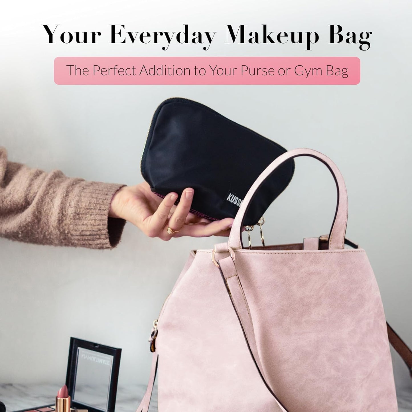 KUSSHI Washable Travel Makeup Bag for Purse (Everyday, Satin Black/Pink)