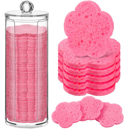 Sieral 120 Pcs Compressed Facial Sponges with Container Disposable Face Sponge Pads for Washing Face Cleansing Exfoliating Esthetician Makeup Removal(Flower,Pink)