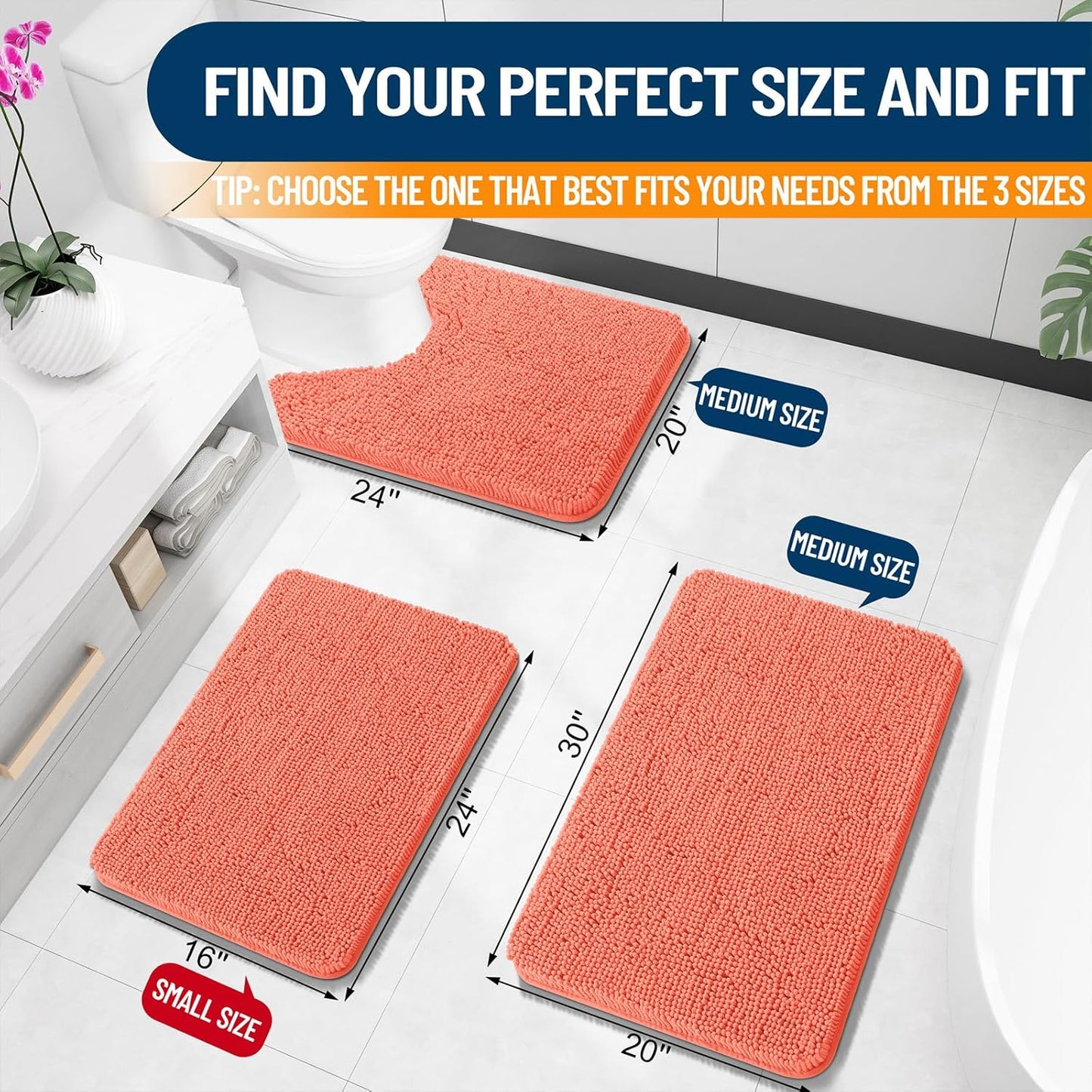 OLANLY Bathroom Rugs 24x16, Extra Soft Absorbent Chenille Bath Rugs, Rubber Backing Quick Dry, Machine Washable Bath Mats for Bathroom Floor, Tub and Shower, Home Decor Accessories, Coral