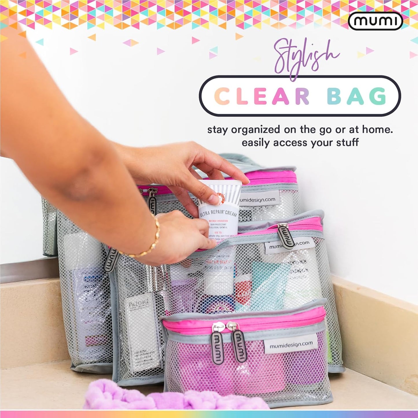 MUMI Travel Toiletry Bag Set of 3 – Clear TSA Approved Toiletry Bags for Women – Reusable Water-Resistant Makeup Organizer Pouches for Skincare, Cosmetics, Travel Accessories, Airport Packing - Aqua