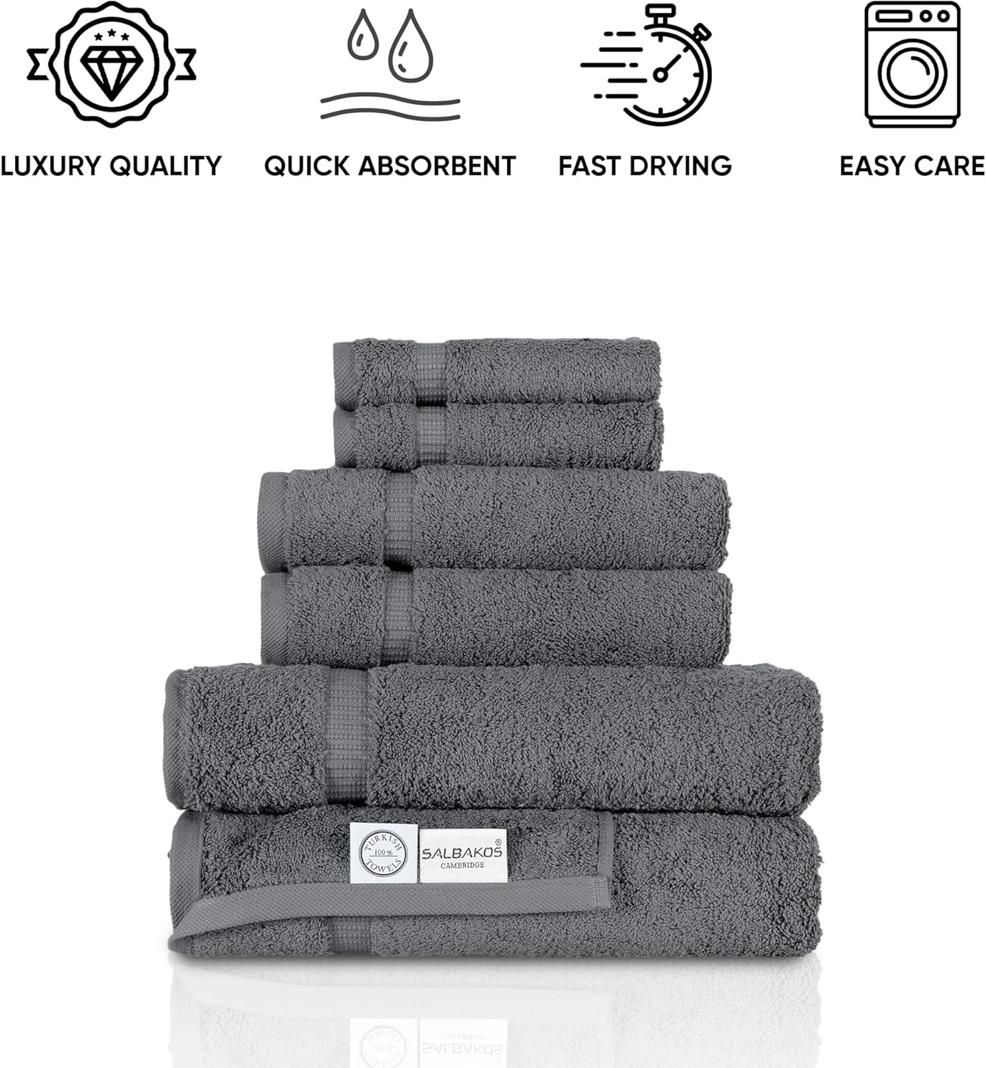 SALBAKOS 100% Turkish Cotton 6-Piece Towel Set | Heirloom Quality Hotel & Spa Collection | Ultra Soft, Super Absorbent 2 Washcloth, 2 Hand, 2 Bath Towel Sets | Made in Turkey (Gray, 6 Piece Towel Set)