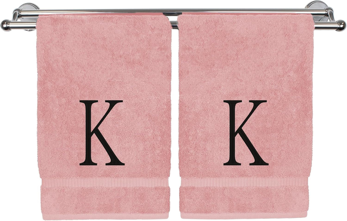 Monogrammed Hand Towel, Personalized Initial Gift, Extra Absorbent 100% Turkish Cotton - Soft Terry Finish - Set of 2 - Black Block Initial K - Embroidered on Pink Towels