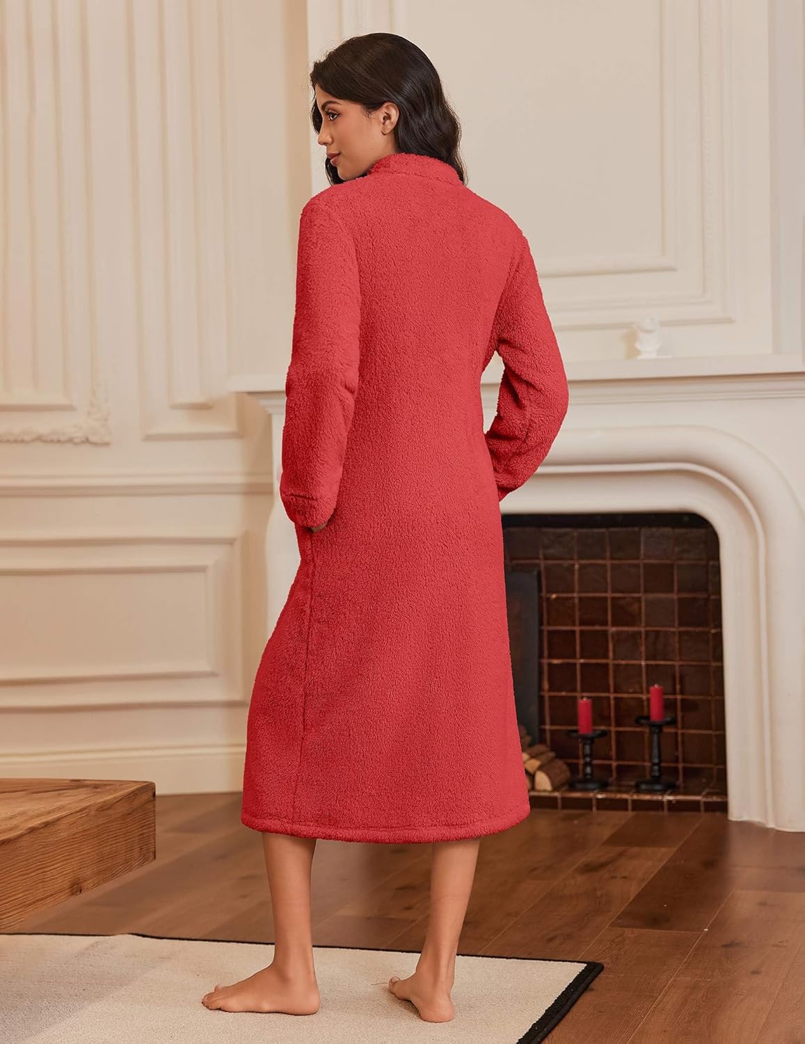 Ekouaer Women's Zip Up Robe Fleece Bathrobe Long Zipper Lounger Warm Housecoat Long Sleeve Nightgown with Pockets S-XXL