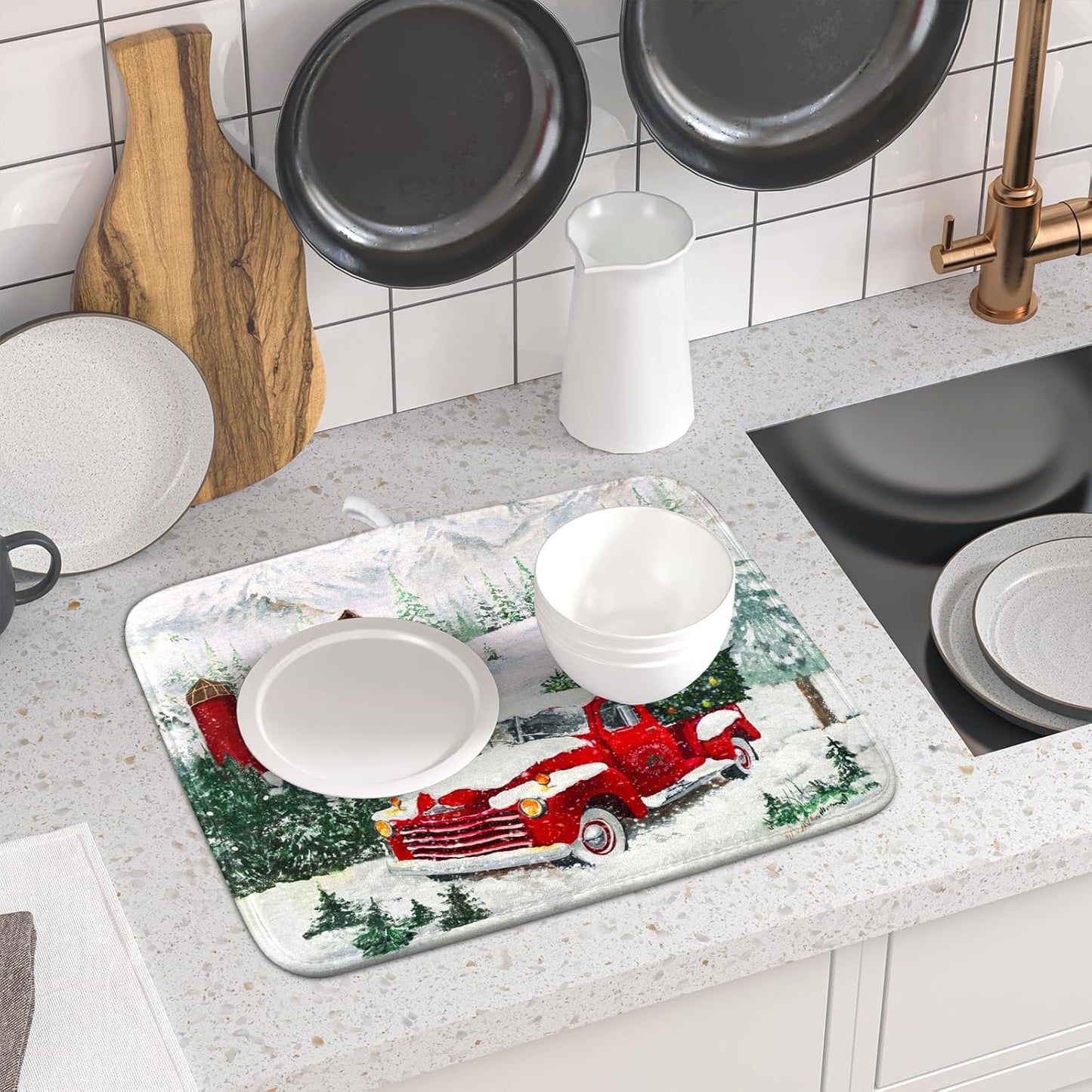 Winter Red Truck Dish Drying Mat Christmas Tree Dishes Pad 16x18 Inch Dish Drainer Rack Mats Absorbent Fast Dry Kitchen Holiday Accessories