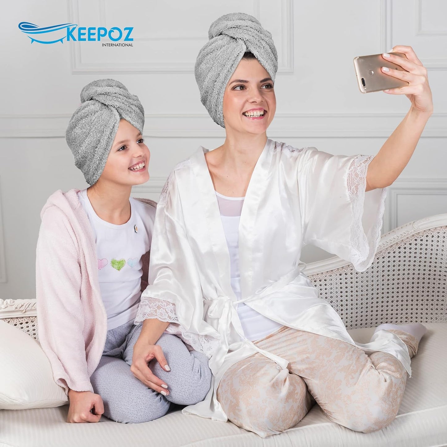 KEEPOZ Hair Towel Wrap Quick Dry 100% Cotton Super Absorbent Turban Head Wrap for Women with Button, Non Microfiber Anti Frizz Hair Products, Hair Cap for Curly, Long Hair (Grey, 1 Pc)