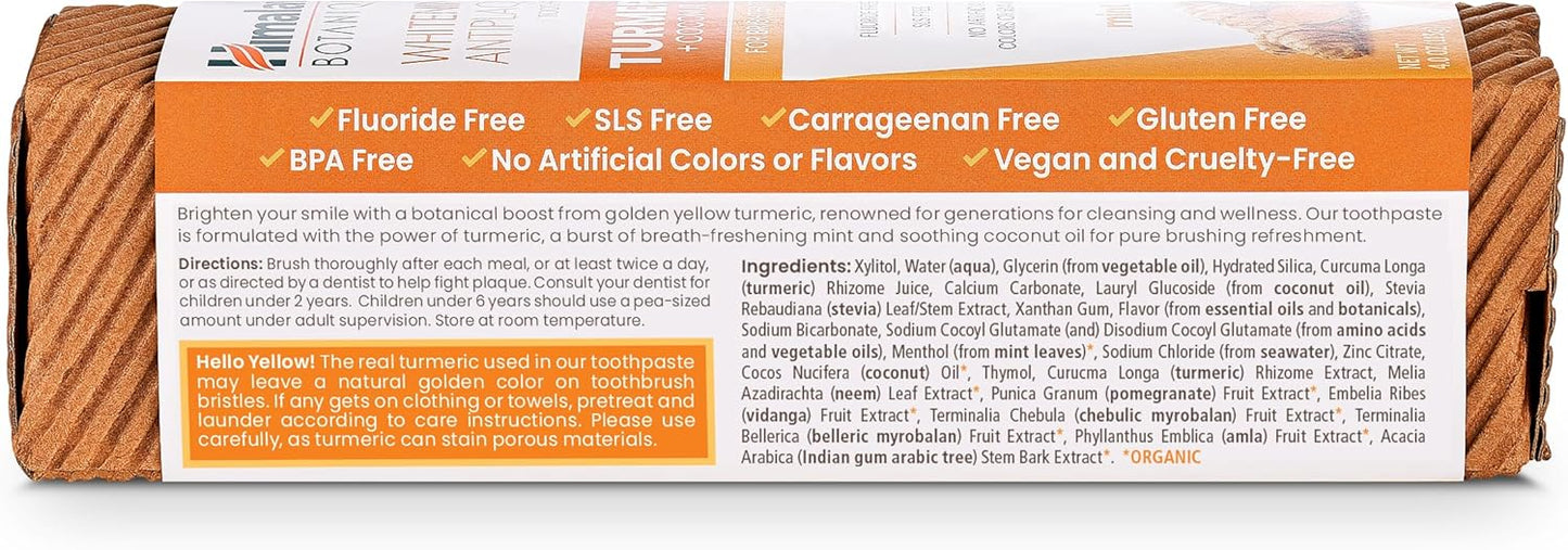 Himalaya Botanique Turmeric & Coconut Oil Whitening Antiplaque Herbal Toothpaste, Whitens Teeth, Fluoride Free, No Artificial Flavors, SLS Free, Vegan, Cruelty Free, Foaming, Mint Flavor, 4 Oz, 2 Pack