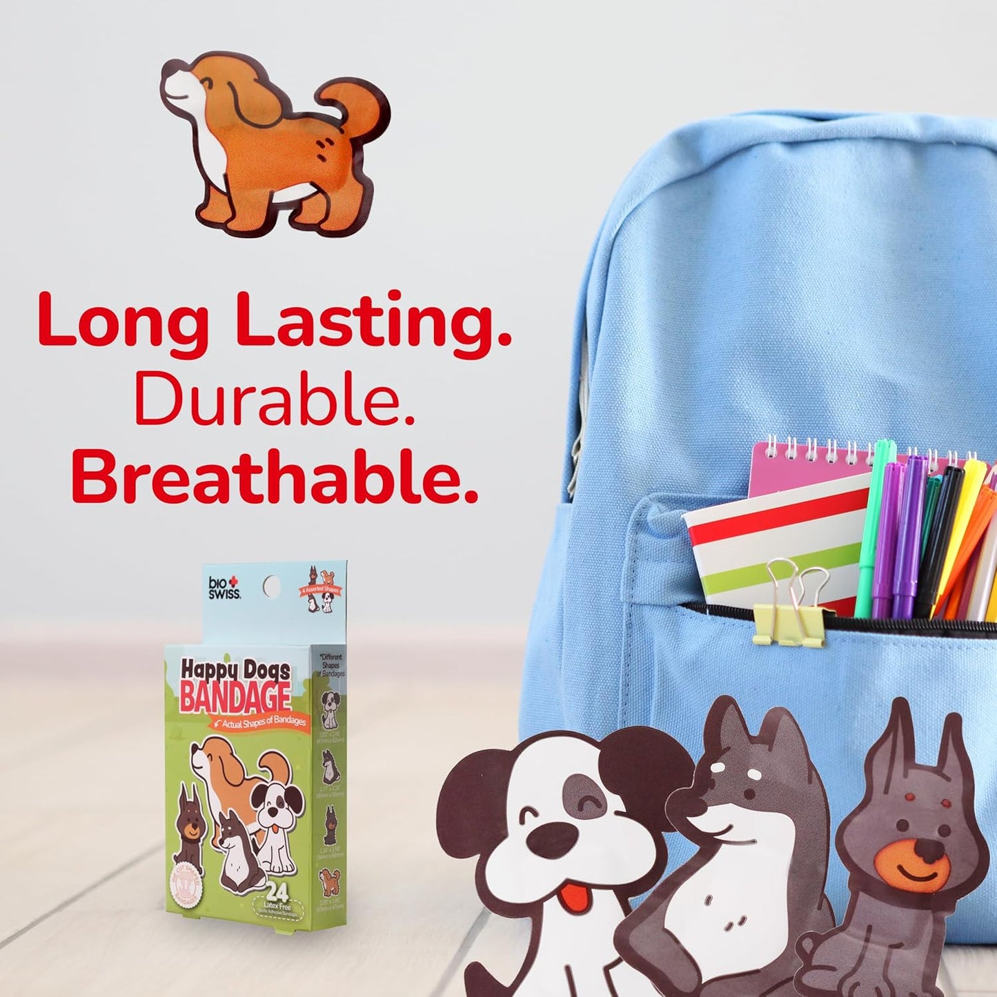 BioSwiss Kids Bandages, Dog Shaped Self Adhesive Bandage Set, Latex Free, Sterile Wound Care, 24 Count