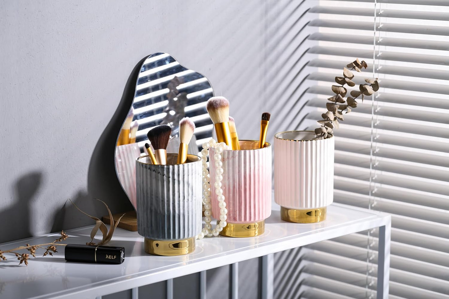 IEEK Pink and Gold Makeup Brush Holder Organizer,Glass Cosmetics Brushes Cup Eyebrow Pencil Pen Container,European Style Striped Brushes Storage,Ceramics Decor for Bathroom Dresser Vanity Desktop
