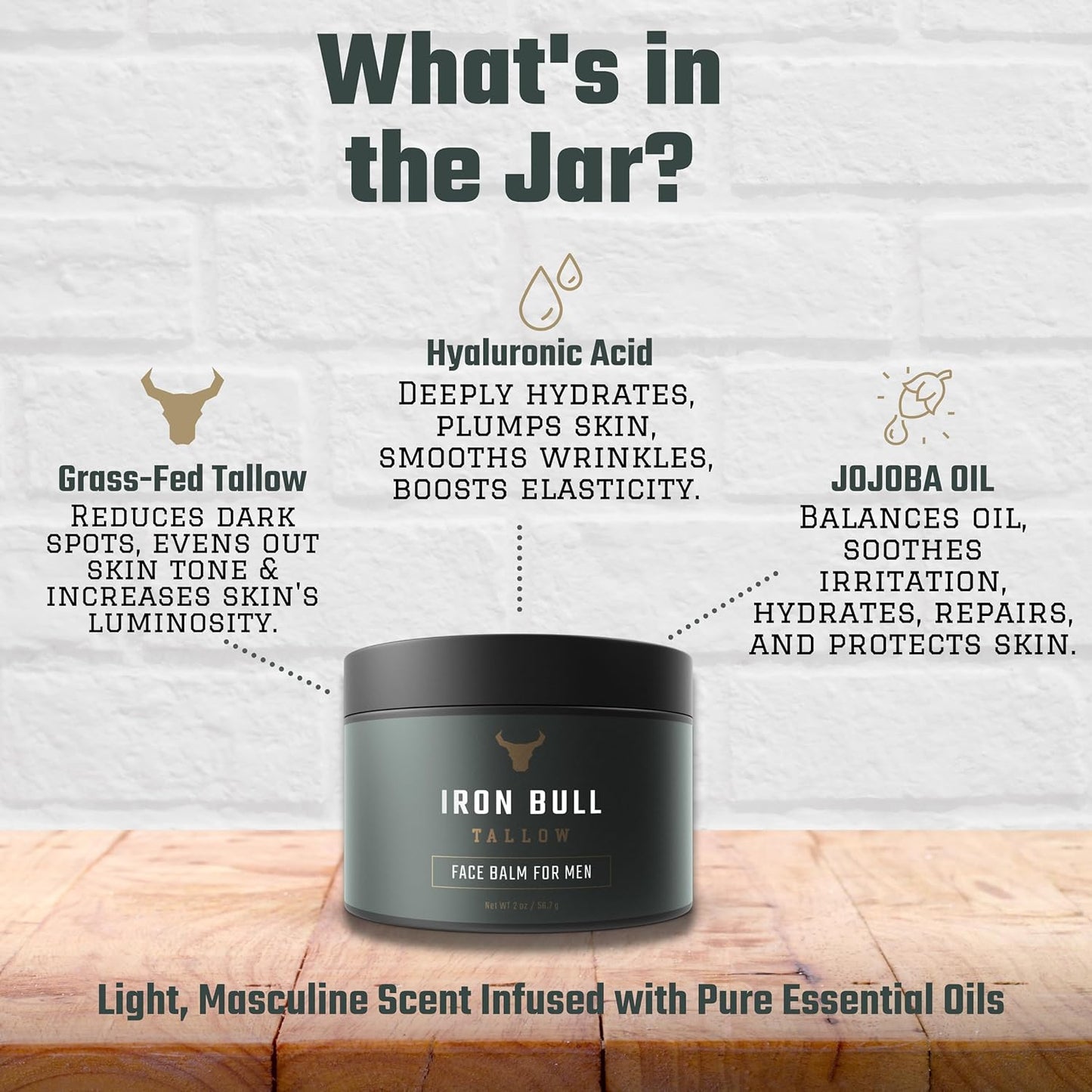 Iron Bull Beef Tallow Face Moisturizer for Men. Anti-Aging With Hyaluronic Acid for Wrinkles. Grass-Fed Beef Tallow Skin Balm & Jojoba Oil for All Skin Types. Natural Formula With a Clean Scent - 2 oz