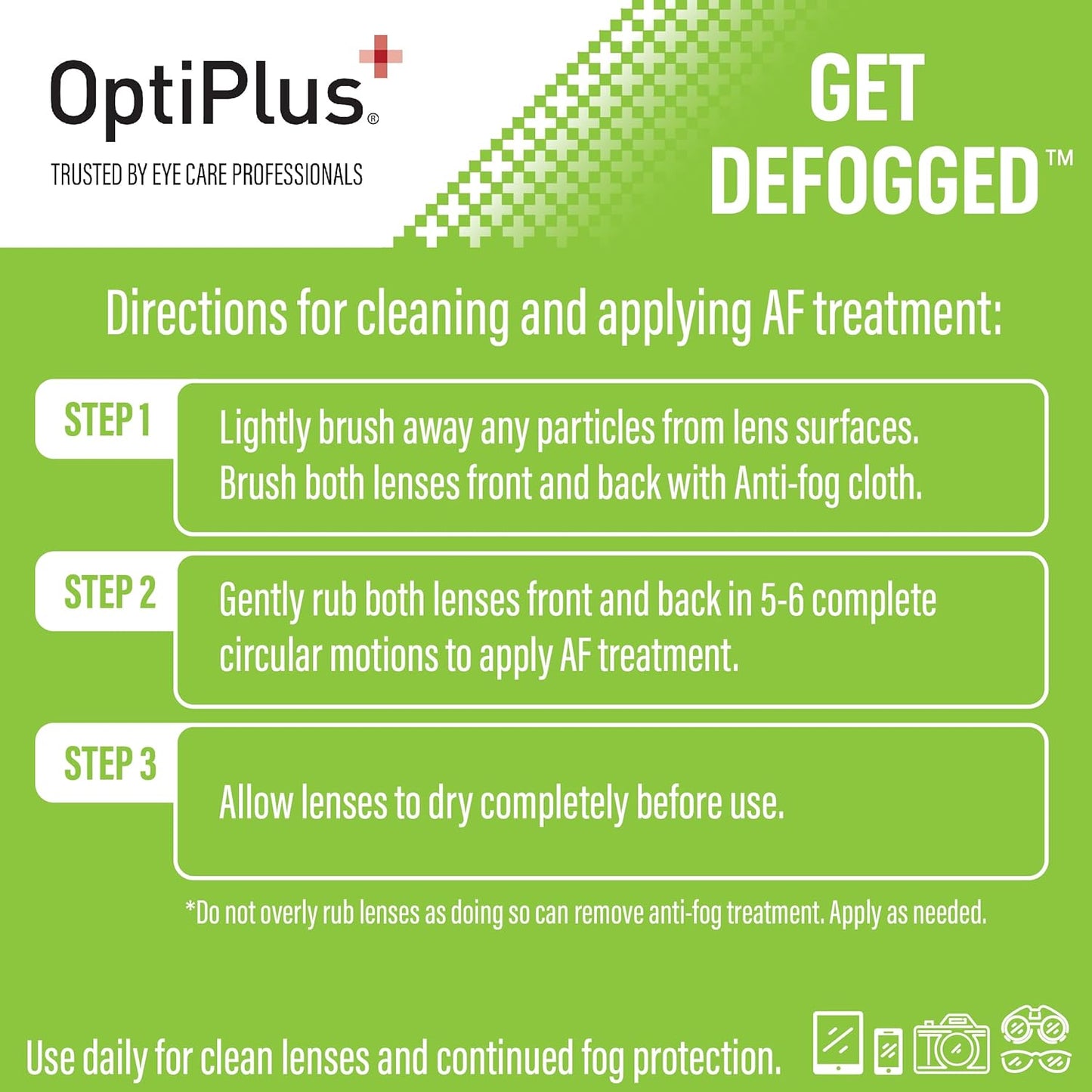 OptiPlus Anti Fog Cloth for Eyeglasses, Goggles, and Shields | Premium Reusable Anti-Fog Treatment | 1 Cloth 100 uses | Anti-Fog for All Lenses