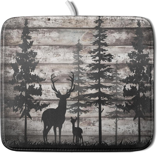 Forest Deer Dish Drying Mat Wildlife Animal Decorative Microfiber Dishes Pad 16x18 Inch Absorbent Reversible Kitchen Counter Drainer Mats