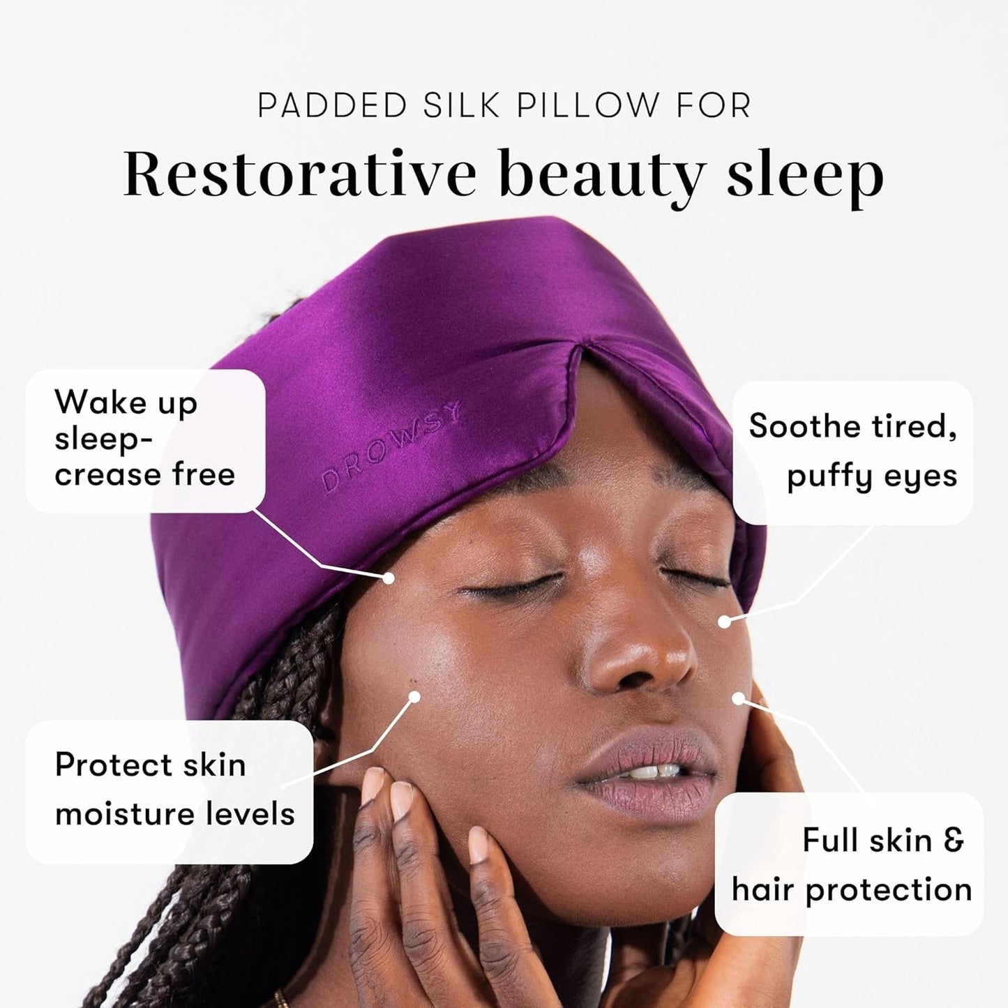 DROWSY Silk Sleep Mask - Face-Hugging, Padded Cocoon for Luxury Sleep in Total Darkness - 100% Pure Mulberry Silk (Purple Martini)
