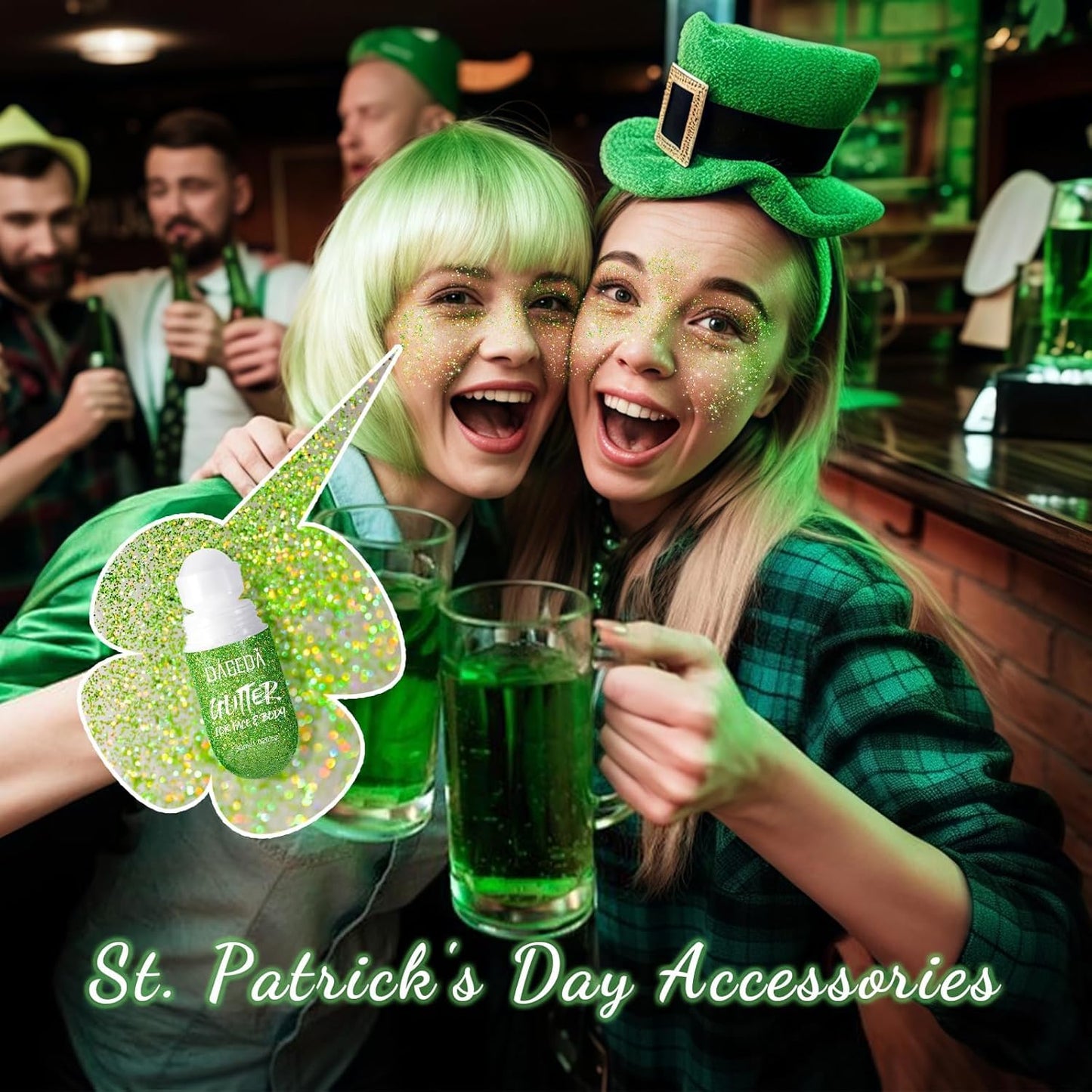 DAGEDA Green Body Glitter Gel, Roll-on Face Glitter for St Patricks Day Festival Rave Accessories, Holographic Hair Glitter Gel,Body Shimmer Mardi Gras Makeup for Rave Party