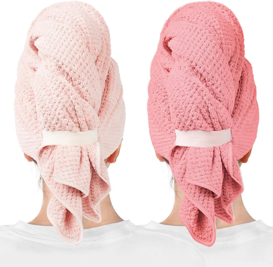 2 Packs Large Microfiber Hair Towels for Women, Super Absorbent & Quick Dry Hair Towel Wrap for Curly Long & Short Hair- Anti-Frizz Hair Turbans for Wet Hair（Coral Pink & Pink） - 27.5''*39.4''