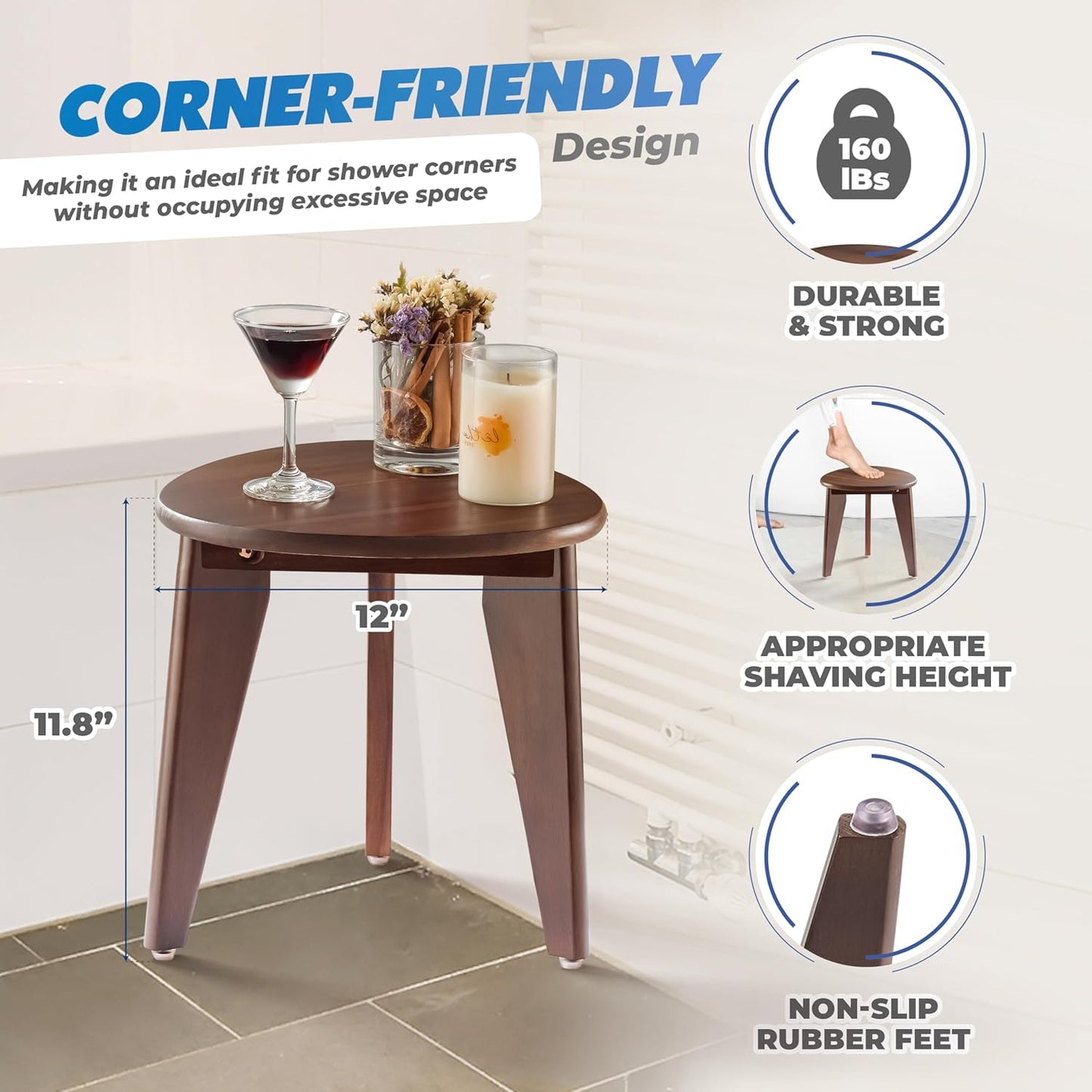 BLUEWEST Shower Foot Stool for Shaving Legs, Acacia Wood Shower Foot Rest (Walnut, Round Seat)