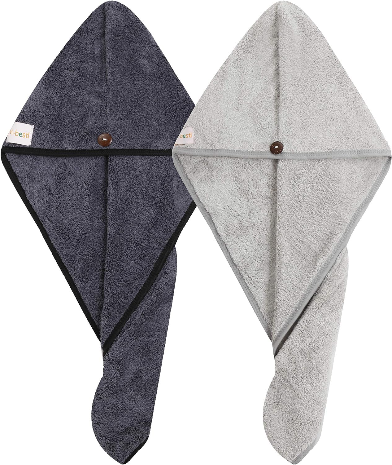 2 Pack Hair Drying Towels, Anti-frizz Hair Towel Wrap, Absorbent Microfiber Hair Towel Turban with Button Design for Straight Curly Hair (Dark Gray&Light Gray)