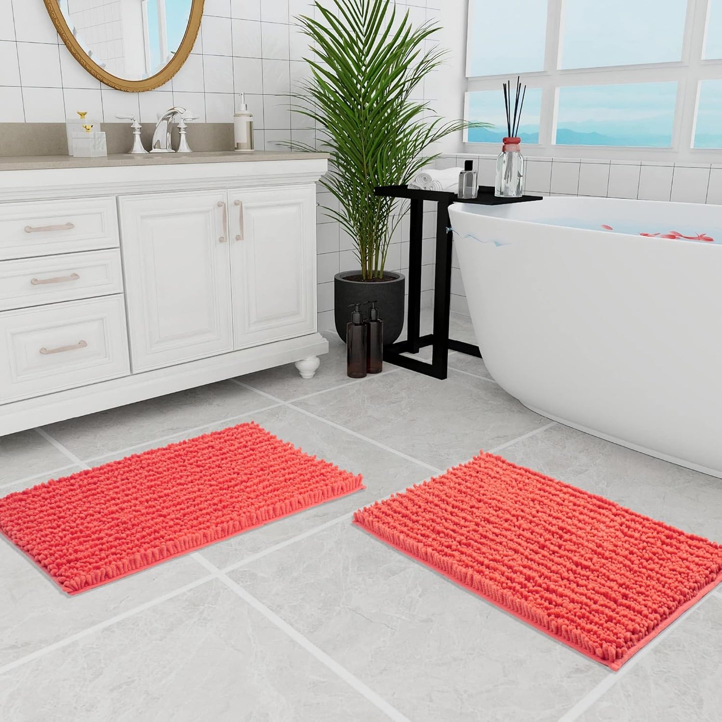 Walensee Bathroom Rug 2 Pieces Set Non Slip Bath Mat (20"x32" Plus 20"x32" Living Coral) Water Absorbent Super Soft Shaggy Chenille Machine Washable Dry Extra Thick Perfect Carpet for Shower Floor