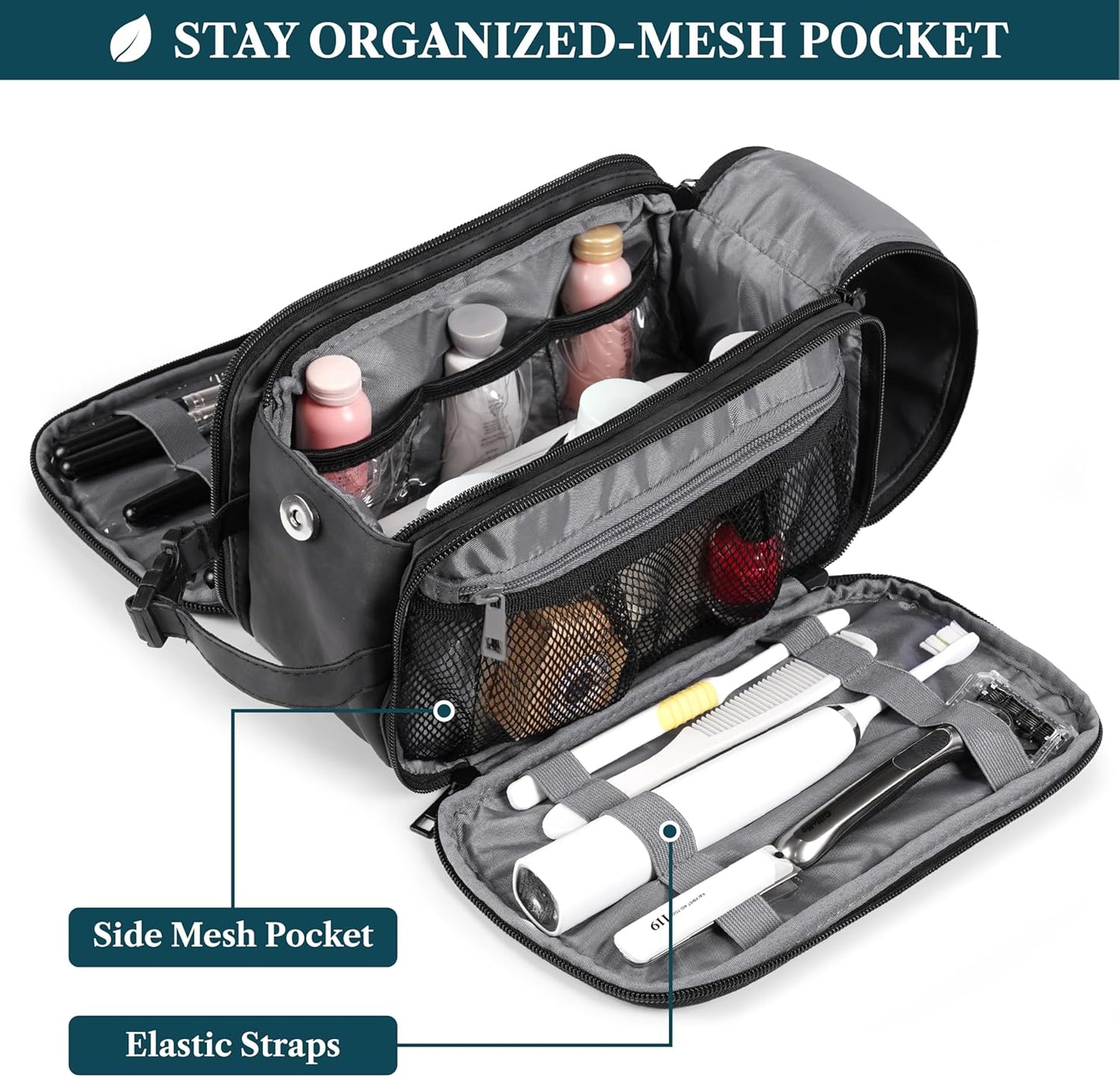 PAVILIA Toiletry Bag for Men Women, Mens Travel Bag Toiletries Organizer Case for Grooming, Travel Essentials Shaving Dopp Kit, PU Leather Water Resistant Cosmetic Pouch, Black