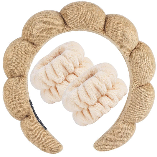 Zkptops Spa Headband for Washing Face Wristband Set Sponge Makeup Skincare Terry Cloth Bubble Soft Get Ready Hairband for Women Girl Puffy Padded Headwear Non Slip Thick Hair Accessory(Brown)