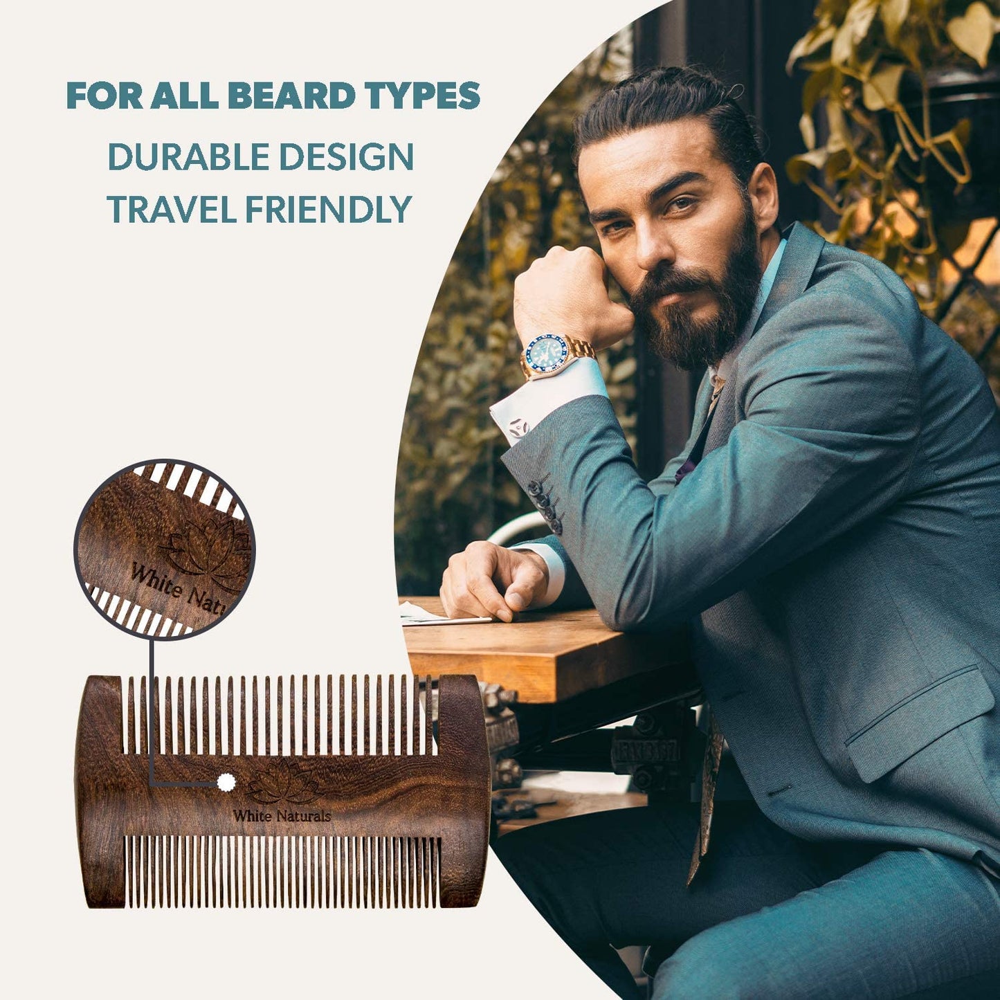 White Naturals Beard Comb for Men, Wooden Natural Sandalwood, Fine Dual Action Teeth, Handmade Premium Sandal Wood, Perfect for Balms and Oils, Includes PU Leather Case, Pocket Size