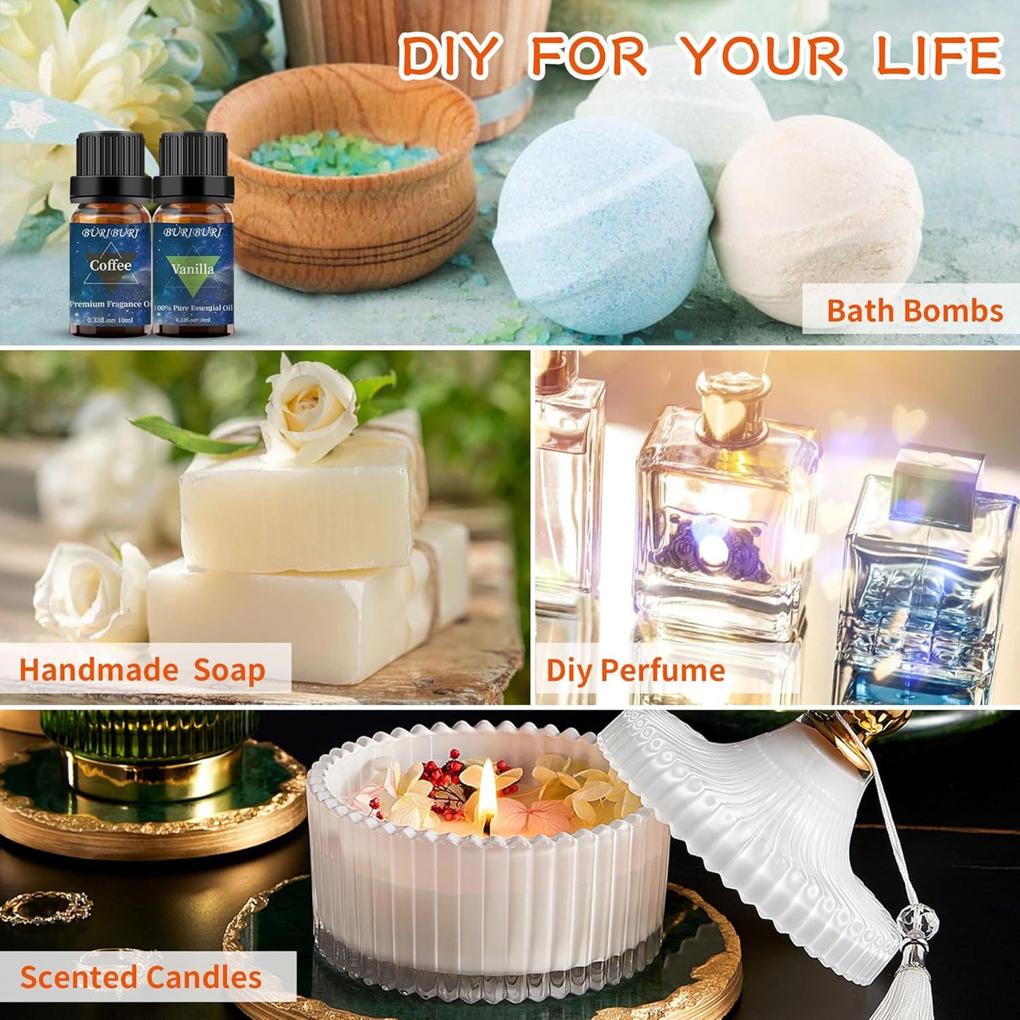 BURIBURI Vanilla Oil and Coffee Essential Oil Set 10ml, 100% Pure Vanilla Essential Fragrance Oil for Diffuser, Massage