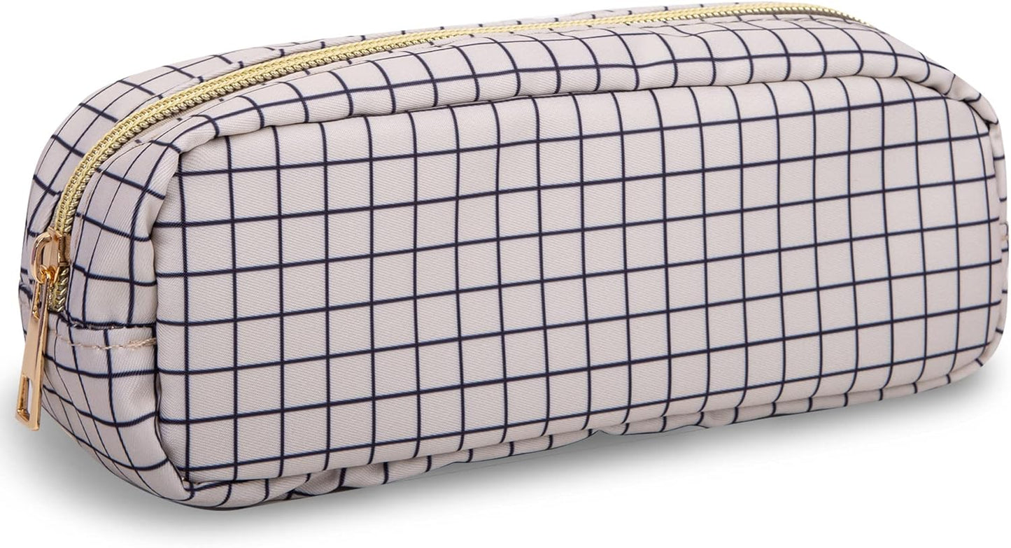 Nylon Slim Makeup Bag, Cute Makeup Brush Bag Checkered Makeup Bag Preppy Cosmetic Zipper Pouch for Purse, Travel Toiletry Bag Coin Pouch Make Up Organizer for Women Men Girls