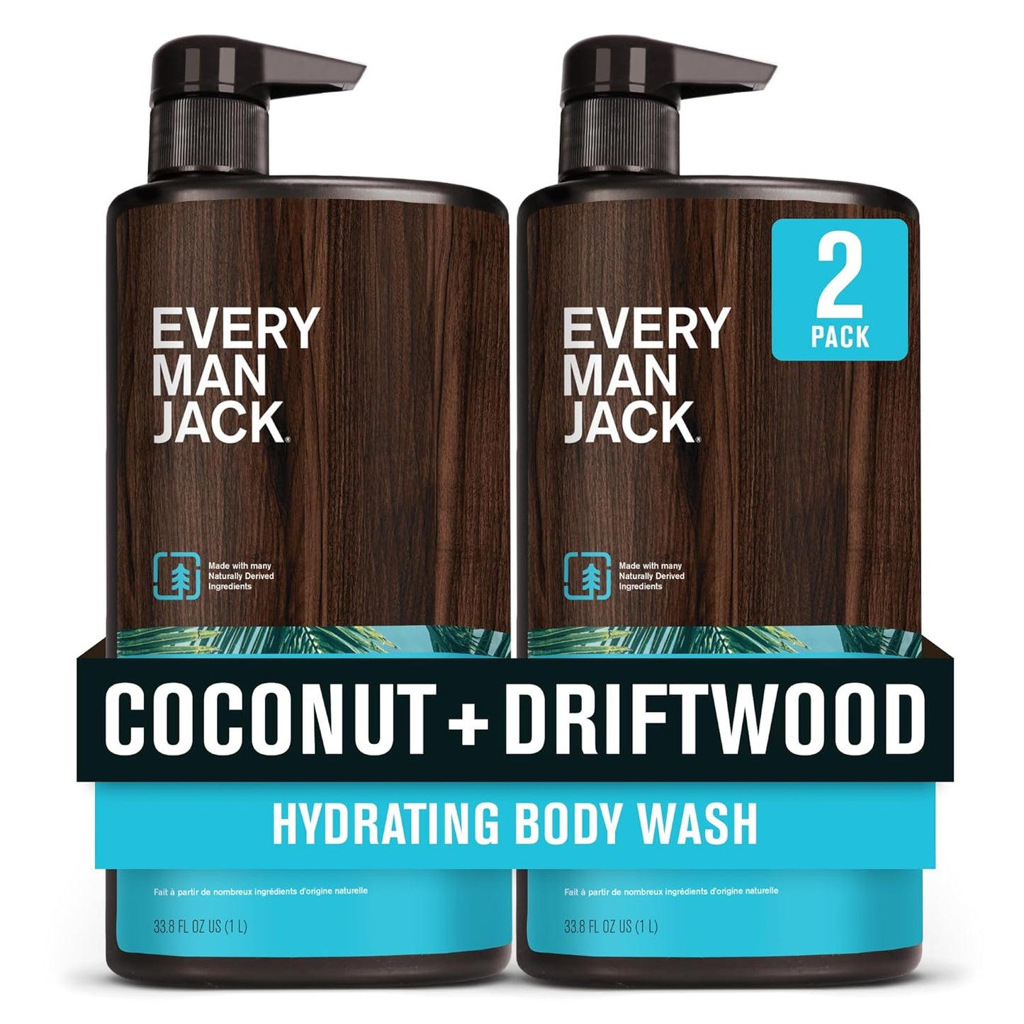 Every Man Jack Coconut + Driftwood Mens Body Wash for All Skin Types - Cleanse, Hydrate, and Smell Great - Free of Parabens, Phtalates, and Dyes - 33.8 fl oz (2 Pack)