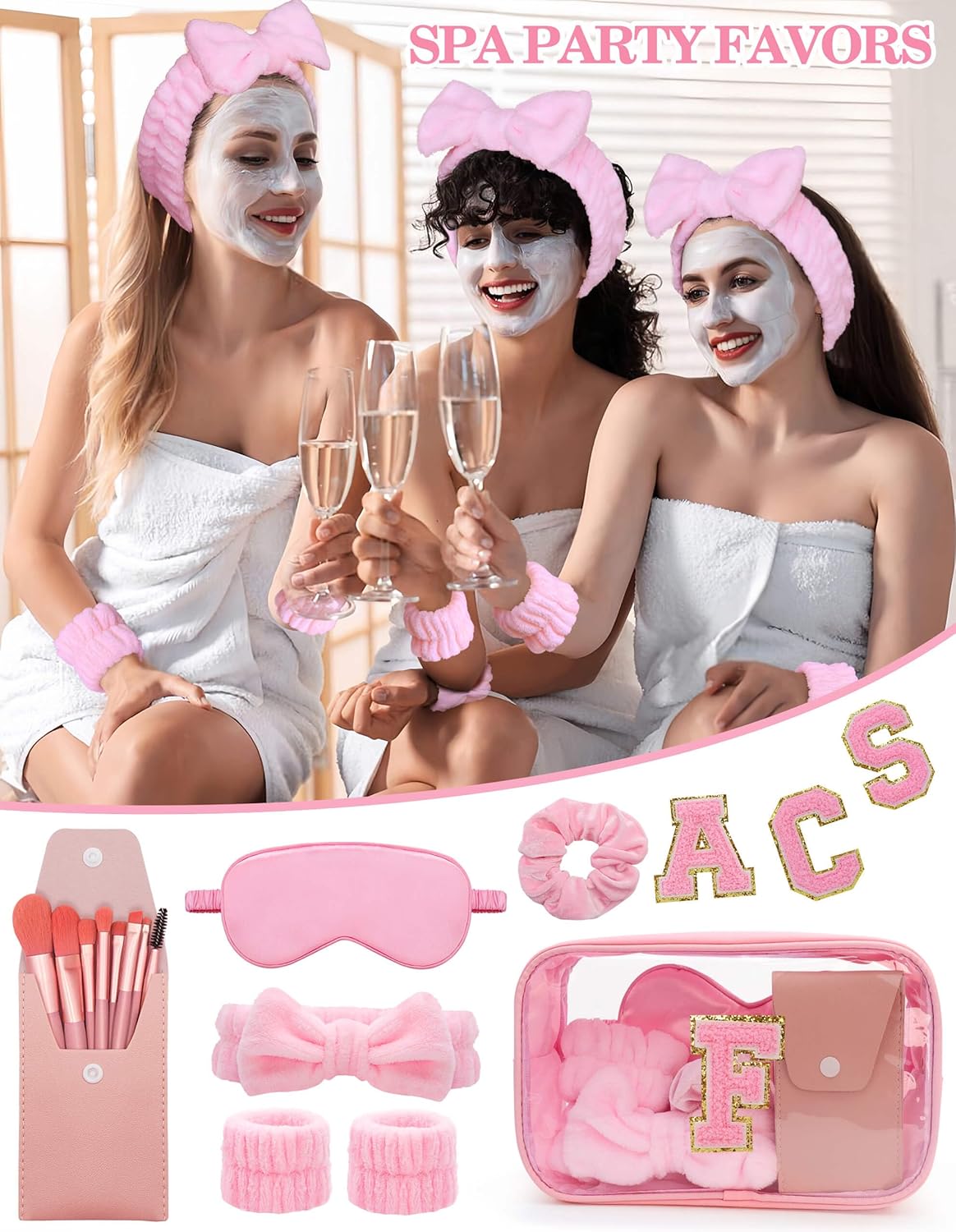 Gift Sets for Women, Initial Makeup Bag with Makeup Brush Set Bachelorette Party Favors, Pink Spa Kit with Skincare Headbands Wrist Bands Sleepover Party Supplies Gifts for Teen Girls Bridesmaid F