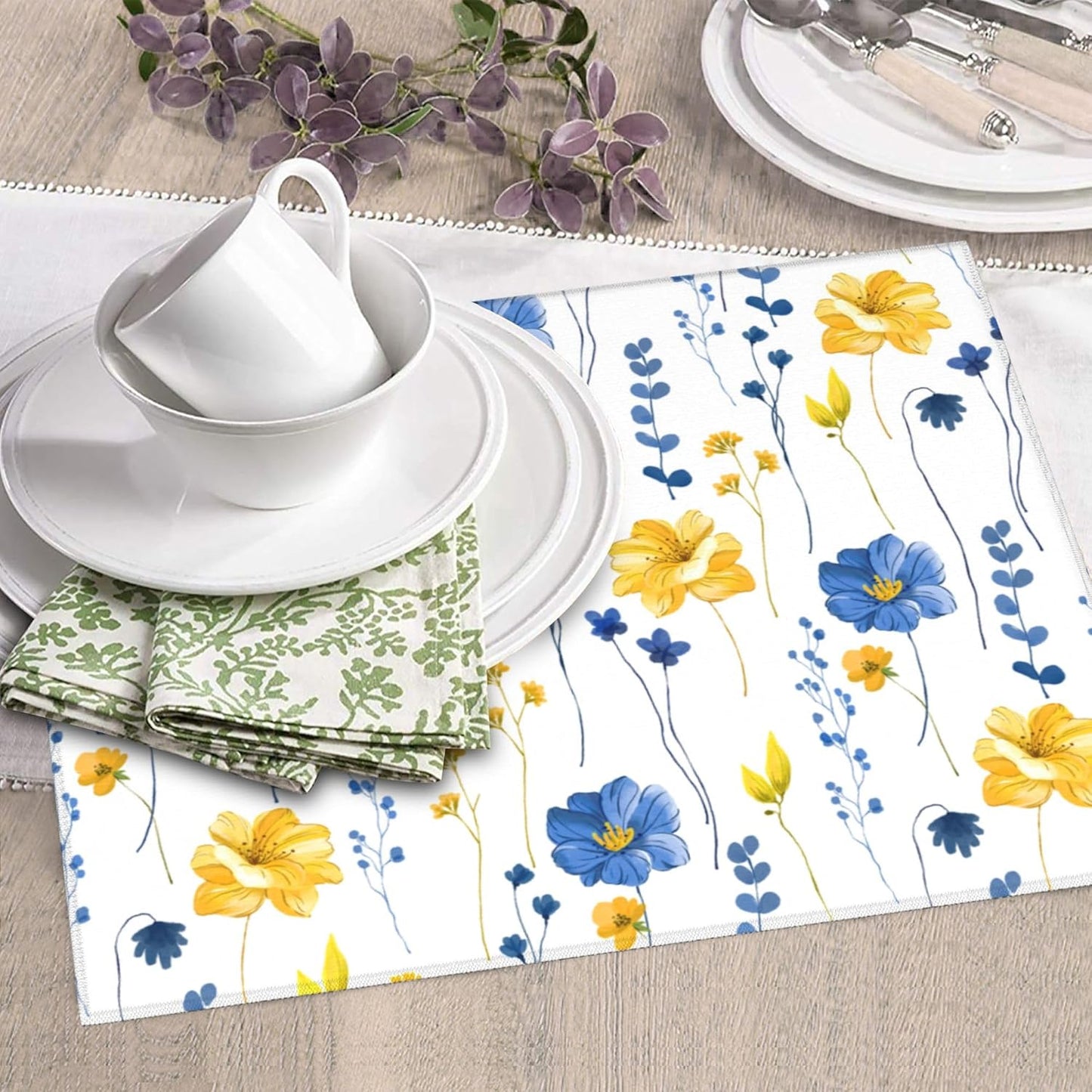 Navy Blue Yellow Flower Dish Drying Mat for Kitchen Counter Watercolor Floral Decorative Dish Drainer Rack Mats 16"x18" Absorbent Reversible Drying Pad
