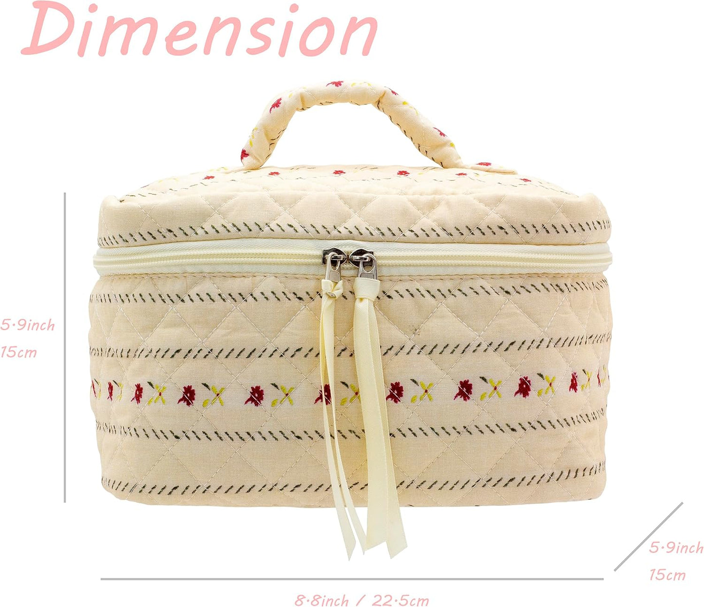 PAZIMIIK Quilted Makeup Bag Large Travel Zipper Soft Cosmetic Case for Women Girls Make Up,Little Flower Beige