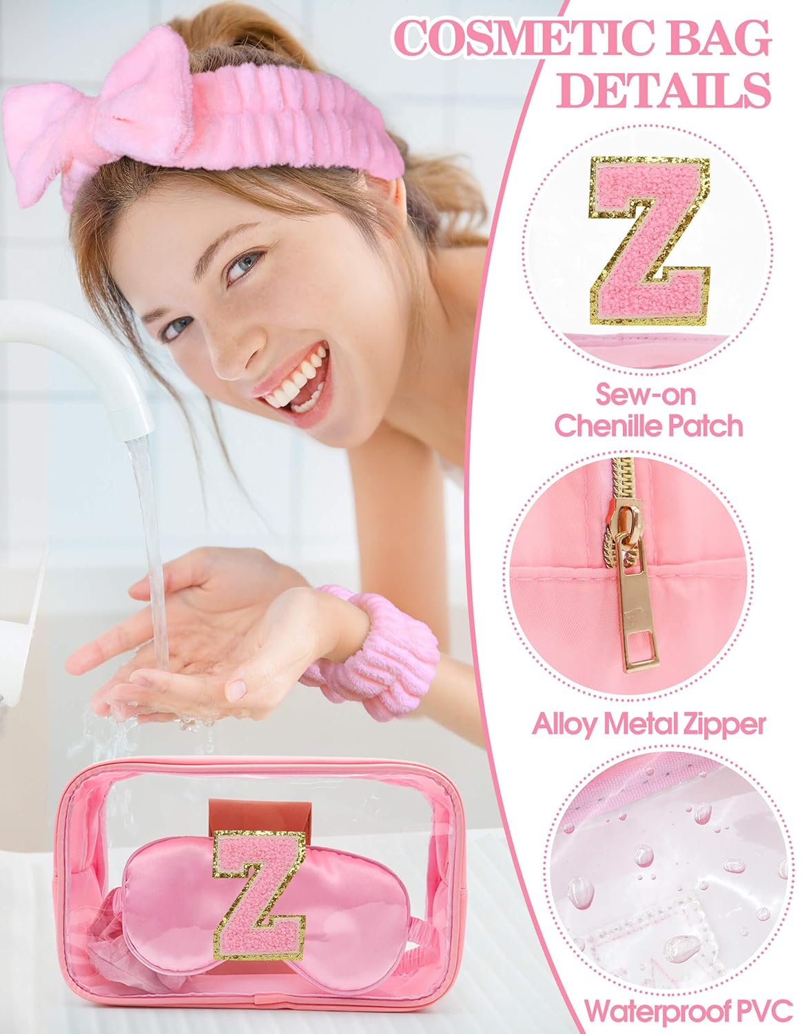 Gift Sets for Women, Initial Makeup Bag with Makeup Brush Set Bachelorette Party Favors, Pink Spa Kit with Skincare Headbands Wrist Bands Sleepover Party Supplies Gifts for Teen Girls Bridesmaid Z