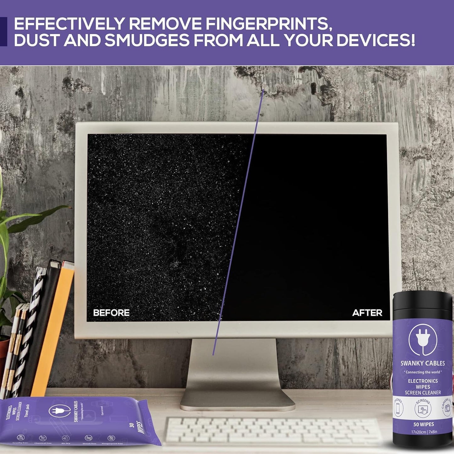 Screen Cleaner Wipes Bundle - Electronic Wipes for Screens, Computer, Phone, TV, Monitor and Lens, Tech Cleaning Supplies, Includes Microfiber Cloth - 1 Canister & 1 Soft Wipes