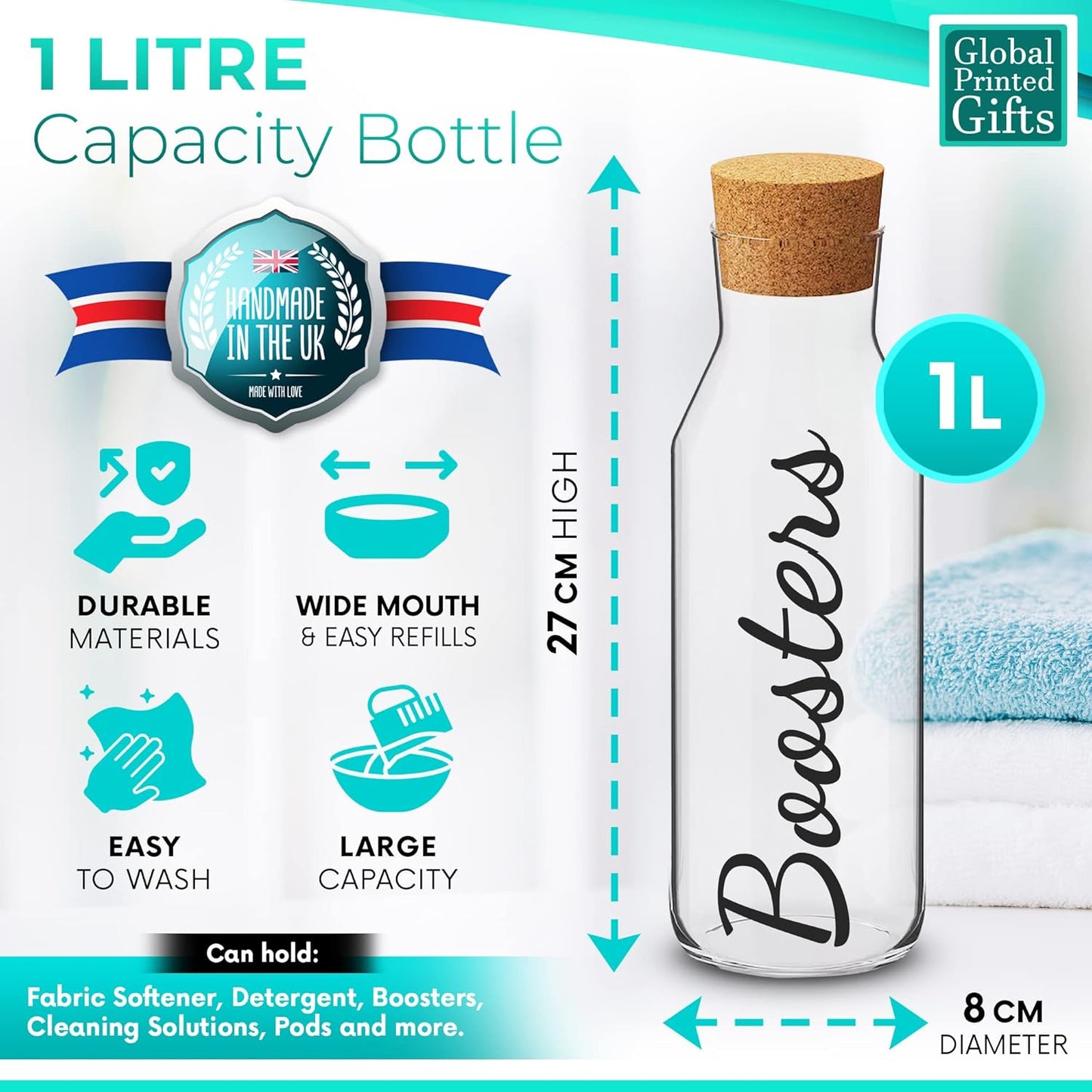 GPG Glass & Cork Storage Jars | 3Pcs Set Kitchen Storage Glass Bottles with Cork Stopper | 1L Softener Detergent Boosters (Set A, Font D)