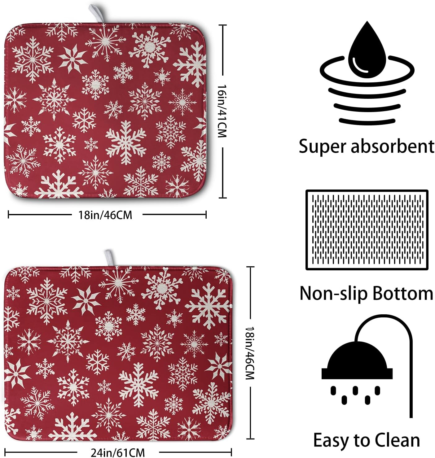 Christmas Snowflakes Dish Drying Mat for Kitchen Counter 18x24 Inch Red White Winter Xmas Pattern Dish Drying Pad for Dishes Microfiber Absorbent Dish Drainer Rack Mats for Countertop