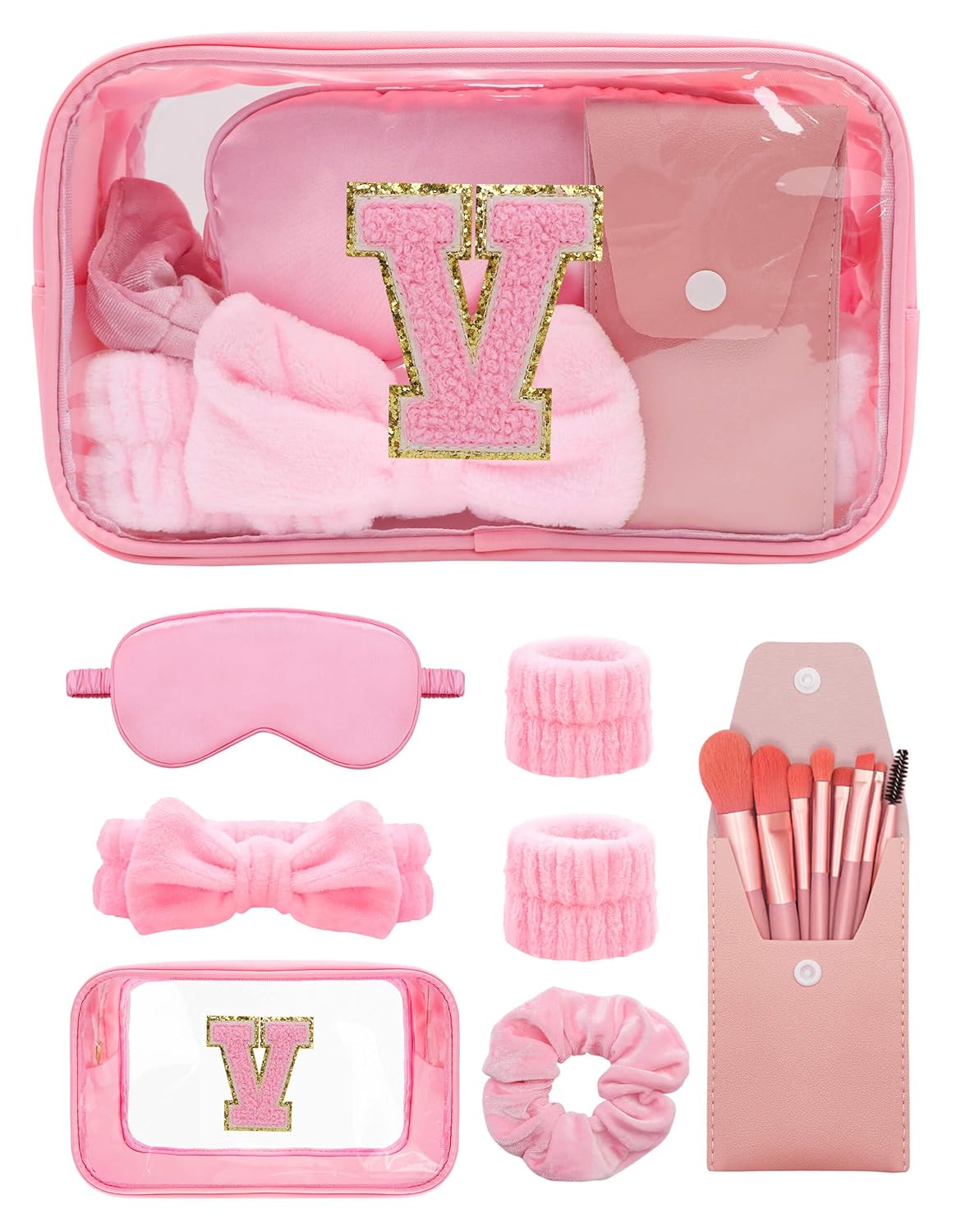 Gift Sets for Women, Initial Makeup Bag with Makeup Brush Set Bachelorette Party Favors, Pink Spa Kit with Skincare Headbands Wrist Bands Sleepover Party Supplies Gifts for Teen Girls Bridesmaid V