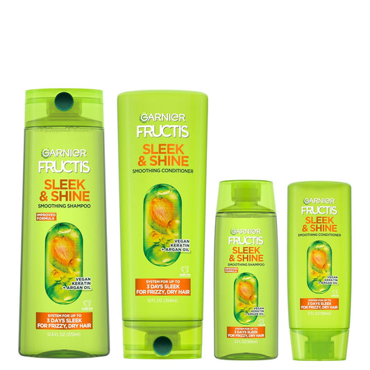 Garnier Fructis Sleek & Shine Full + Travel Size Shampoo (12.5 & 3 Fl Oz) + Conditioner (12 & 3 Fl Oz) Set for Frizzy, Dry Hair, Plant Keratin + Argan Oil (4 Items), 1 Kit (Packaging May Vary)