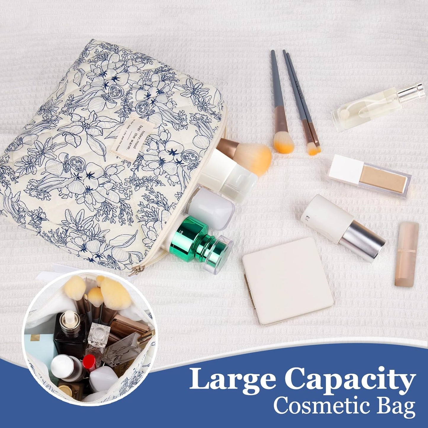 Floral Makeup Bag, Small Cosmetic Bag for Women Girls, Cute Cotton Makeup Bag, Quilted Makeup Bags, Flower Travel Toiletry Organizer Bag(Navy Blue)