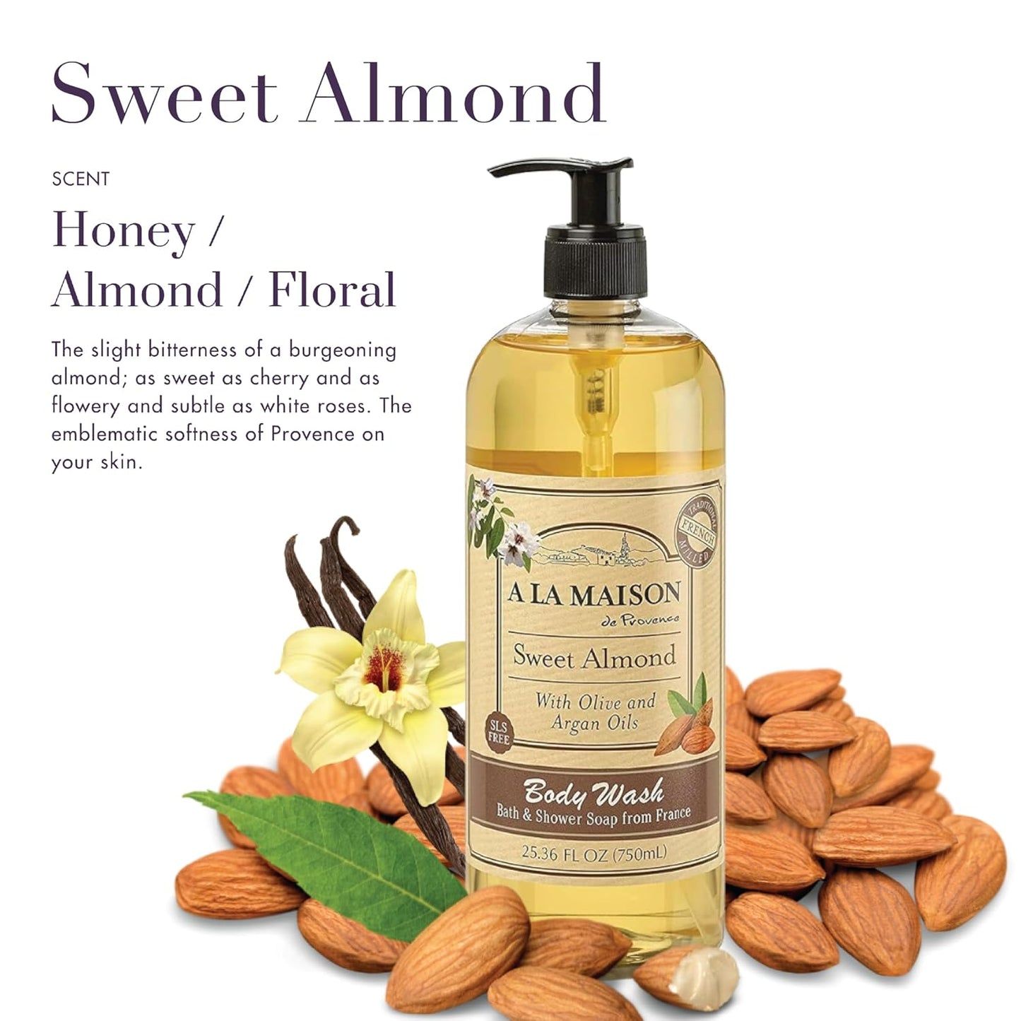A LA MAISON French Hydrating Liquid Body Wash, Sweet Almond - Natural Body Wash Made with Essential Oils - Biodegradable, Plant-Based, Vegan, Cruelty-Free, Alcohol & Paraben Free (25.36 oz, 2 Pack)