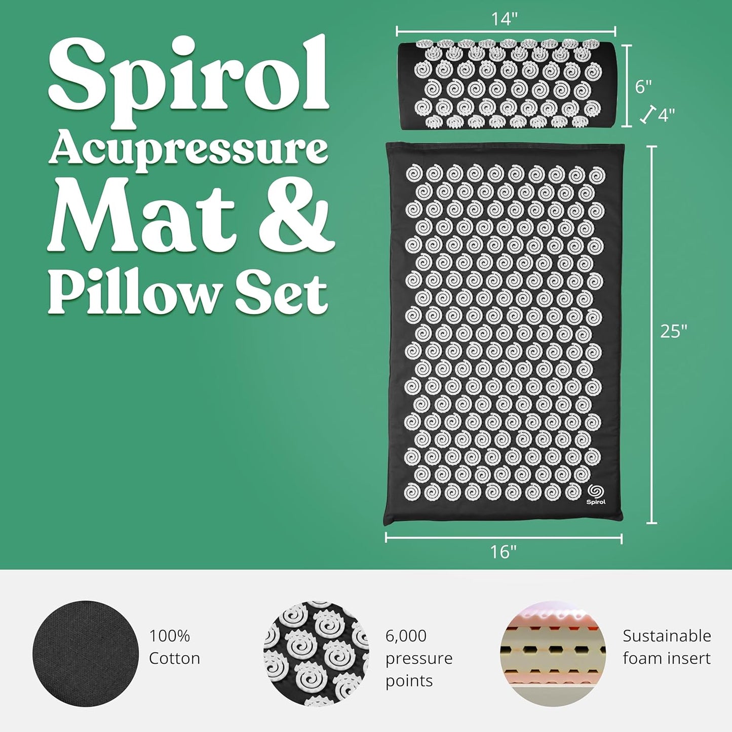 Spirol Acupressure Mat and Pillow Set for Back, Neck and Shoulder Pain Relief, with Flexible Acupressure Spikes, Includes Carry Bag (Onyx)