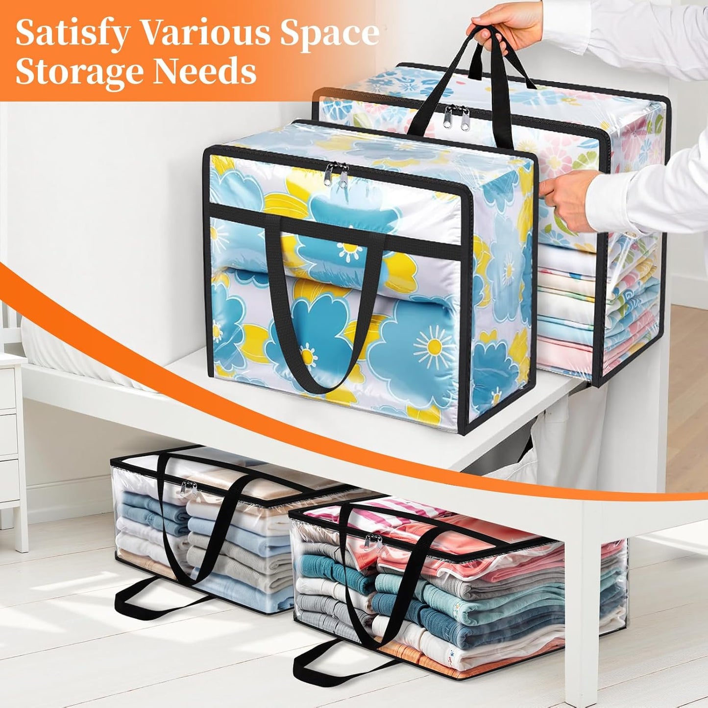 Clear Clothes Storage Bags, 8 Pack Closet Organizers and Under Bed Storage Containers, Foldable Moving Bags with Zippers for Comforter, Blanket, Bedding, Duvet, PVC Packing Bags 60L