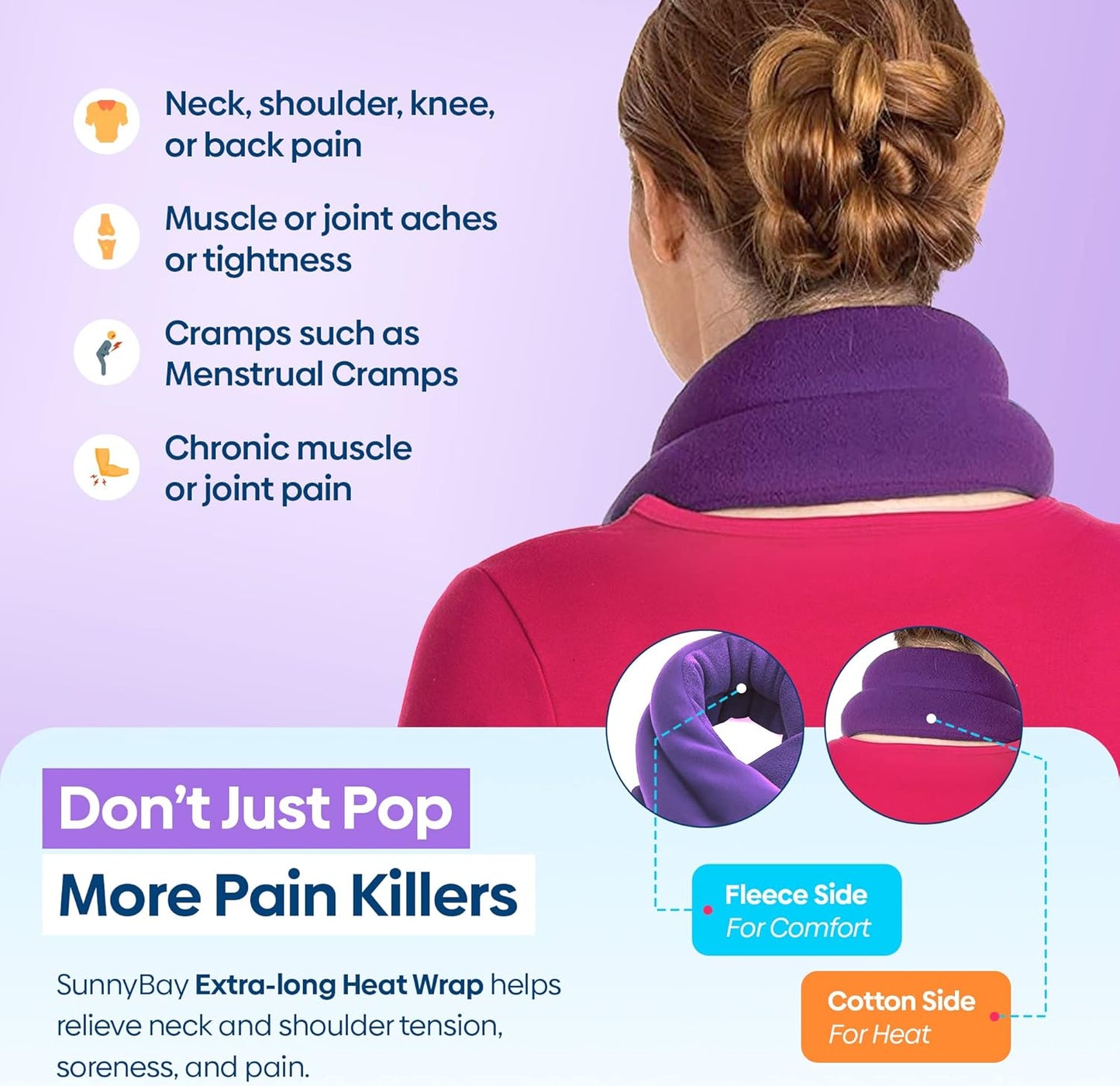 SunnyBay Microwave Heating Pad, Microwavable Heated Neck and Shoulder Wrap with Lavender, Soothing Pillow Hot & Cold Bean Bag, Aroma Warmer for Pain Relief, 26x5 Inches, 2.5 lbs, Purple