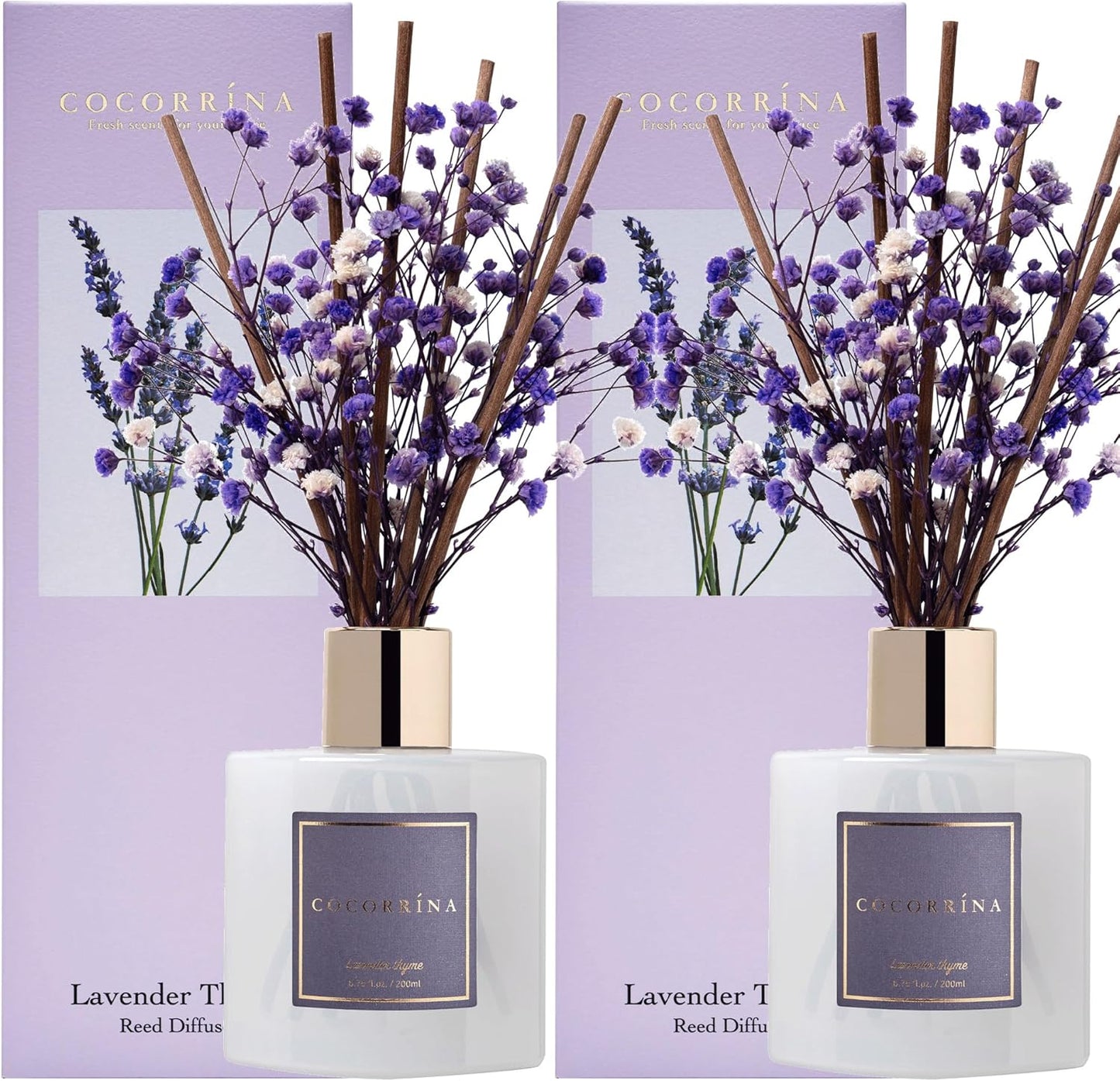 Cocorrína Premium Reed Diffuser Set with Preserved Baby's Breath & Cotton Stick Lavender Thyme 2 Packs, 6.7oz Scent Fragrance Oil Diffuser for Bedroom Bathroom Home Décor