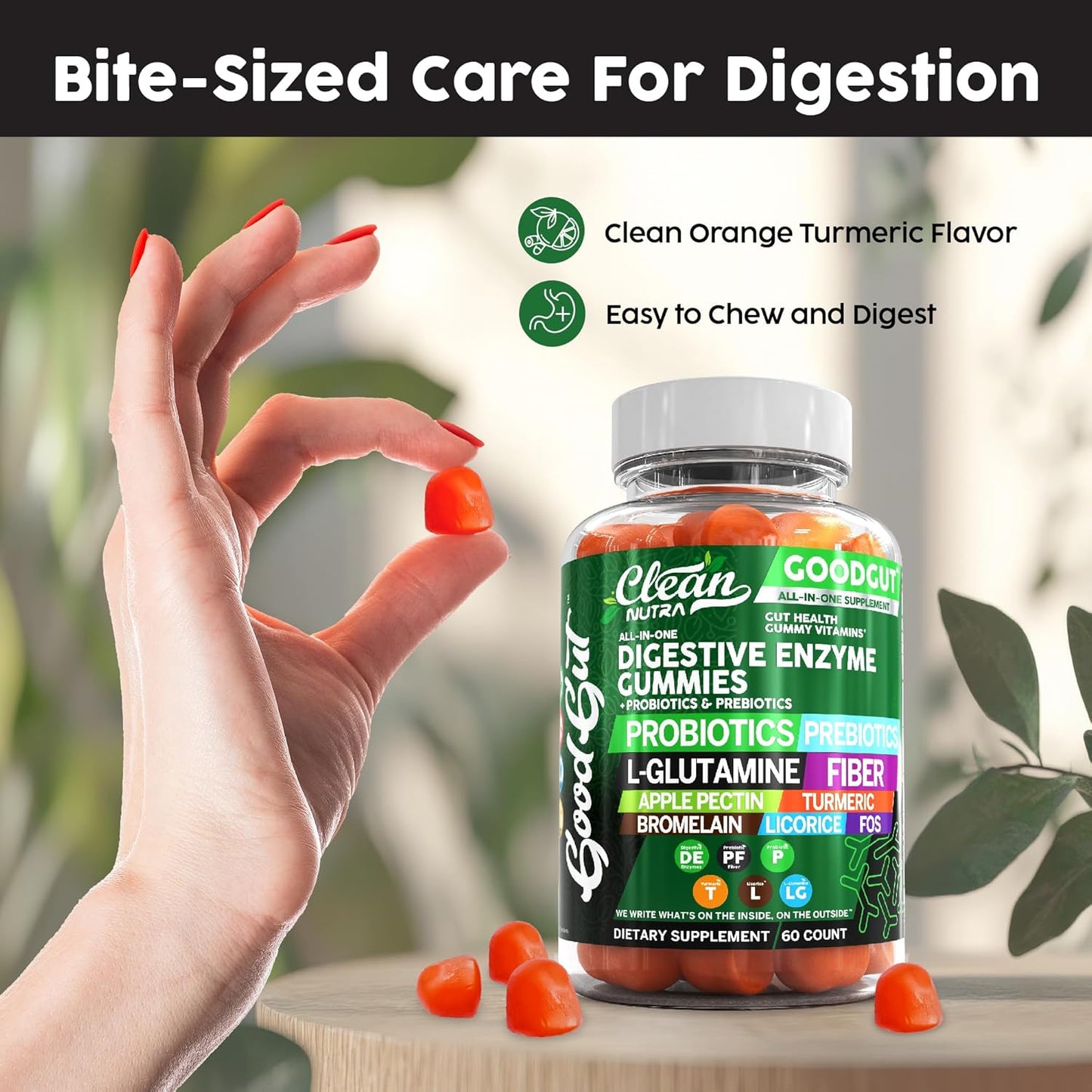 Clean Nutraceuticals Digestive Enzymes with Probiotics & Prebiotics for Digestive Health Gummies & L-Glutamine for Gut Health Bromelain Apple Pectin Inulin FOS Plant Based Vegan Gummy Vitamins