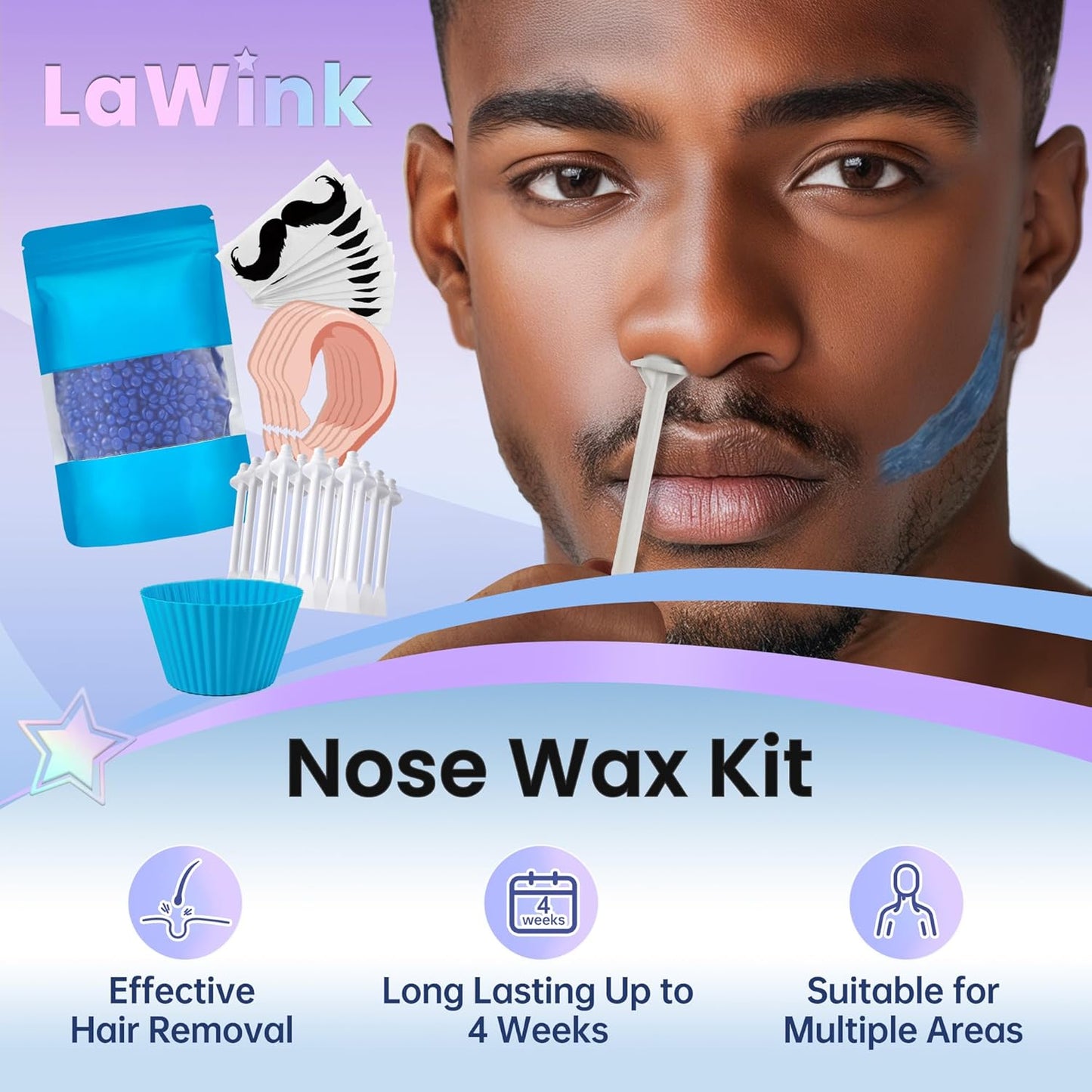 Nose Wax Kit for Men Nose Waxing, 100g Wax 30 Applicators Ear wax kit Hair Removal for Men and Women,Safe Quick Painless Nasal Waxing,10 Mustache Patch 10 Ears Guards,15-20 Uses