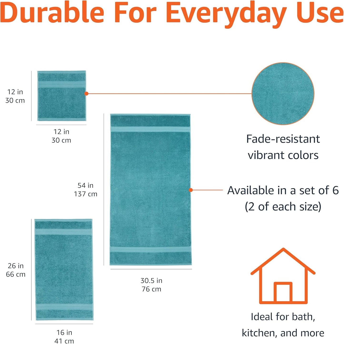 Amazon Basics Fade Resistant Bath, Hand and Washcloth Towel Set, 100% Cotton, Set of 6, 30 x 54 inches, Teal Green