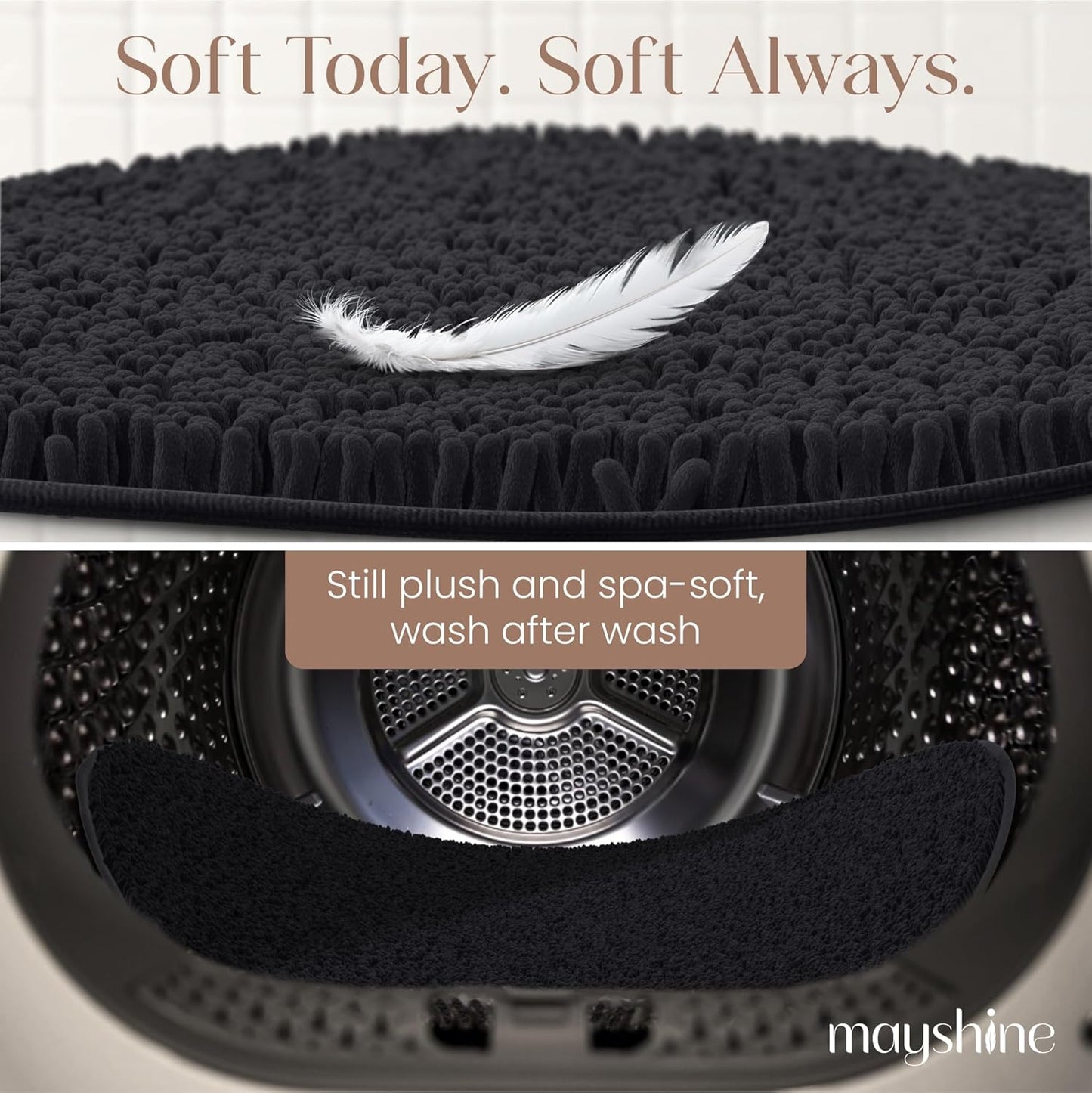 MAYSHINE Round Area Rug Set for Bathroom | Soft Plush Chenille Bath Mat, Water Absorbent Non-Slip Bathroom Rug | Washable Shag Carpet for Shower, Bedroom, or Home Décor | 36"x36" (Round) | Black