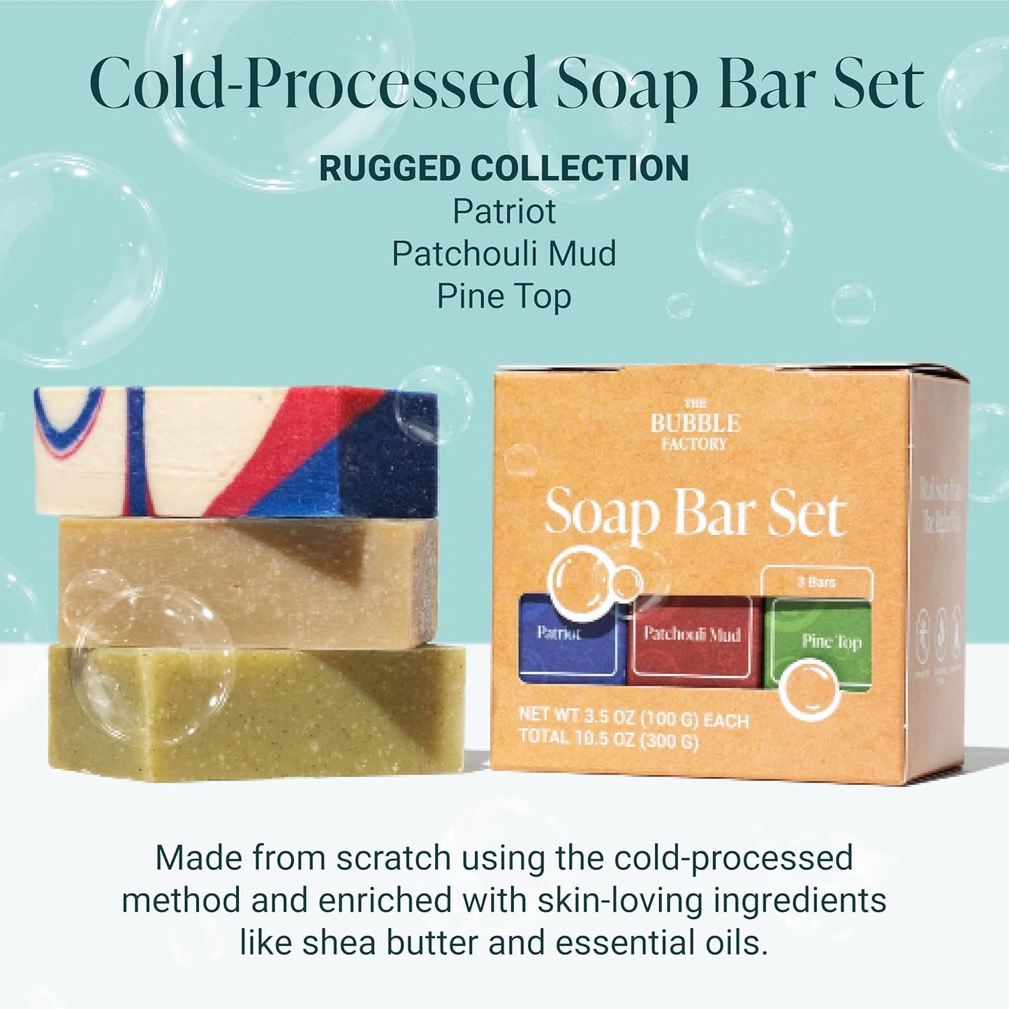 The Bubble Factory Handmade Natural Bath & Body Soap Bar, Vegan, All-Natural, Palm Oil Free, Made in USA with Shea Butter + Essential Oils, Patriot/Patchouli Mud/Pine Top