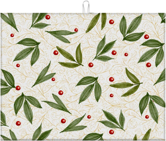 Dish Drying Mat For Kitchen Counter, Green Leaves Beige Microfiber Absorbent Dish Drainer Rack Pad Reusable Large 18x24in Drying Mat