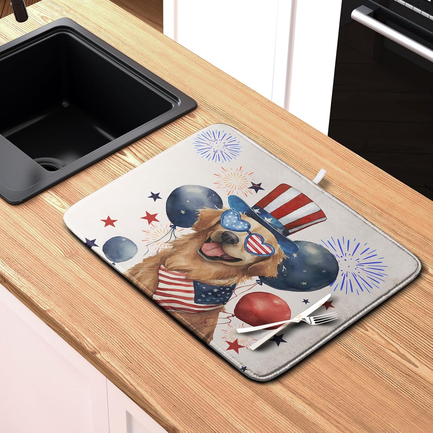 4th of July Patriotic Dog Dish Drying Mat 18 x 24 Inch US Independence Day Blue White Red Kitchen Drying Mat Firework Holiday Dish Drainer Mats Super Absorbent Dish Rack Pad for Kitchen Counter